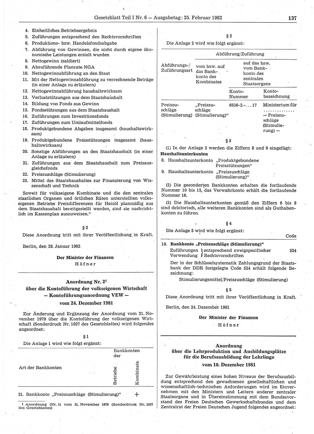 Gesetzblatt (GBl.) der Deutschen Demokratischen Republik (DDR) Teil Ⅰ 1982, Seite 137 (GBl. DDR Ⅰ 1982, S. 137)