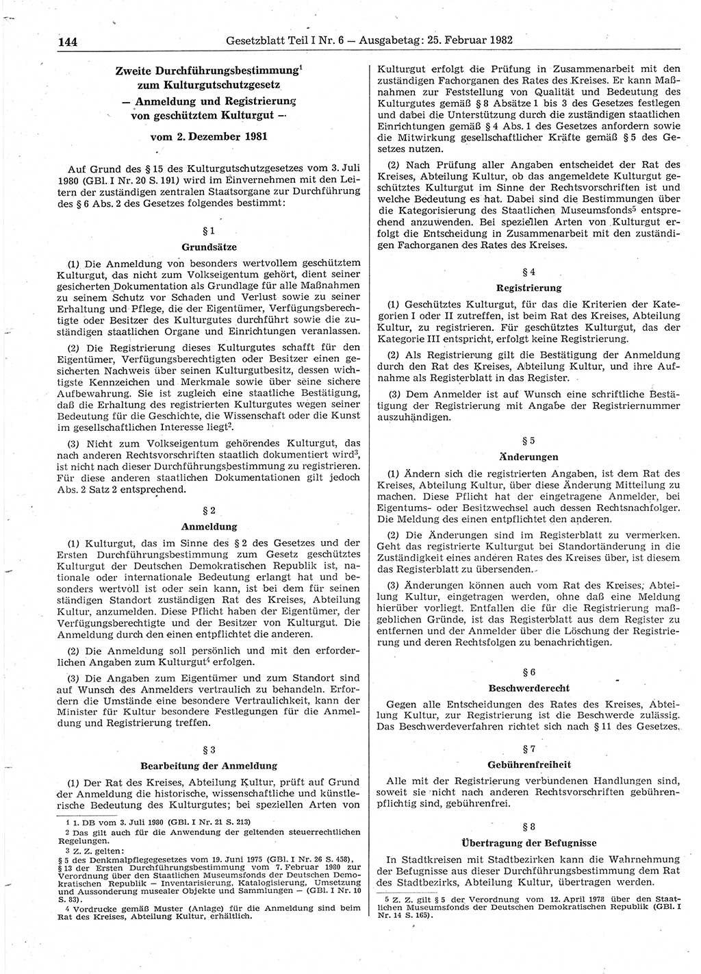 Gesetzblatt (GBl.) der Deutschen Demokratischen Republik (DDR) Teil Ⅰ 1982, Seite 144 (GBl. DDR Ⅰ 1982, S. 144)