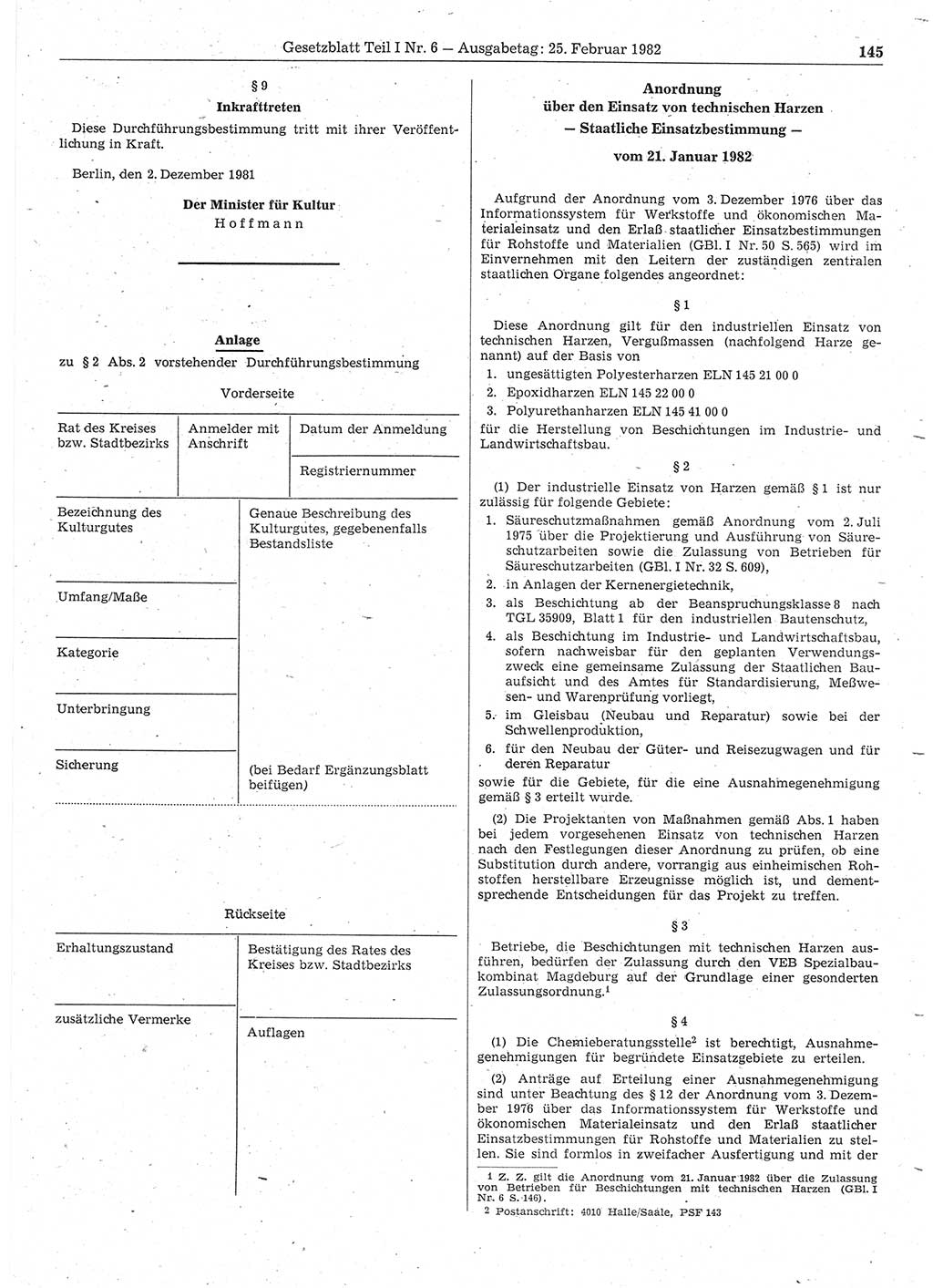 Gesetzblatt (GBl.) der Deutschen Demokratischen Republik (DDR) Teil Ⅰ 1982, Seite 145 (GBl. DDR Ⅰ 1982, S. 145)