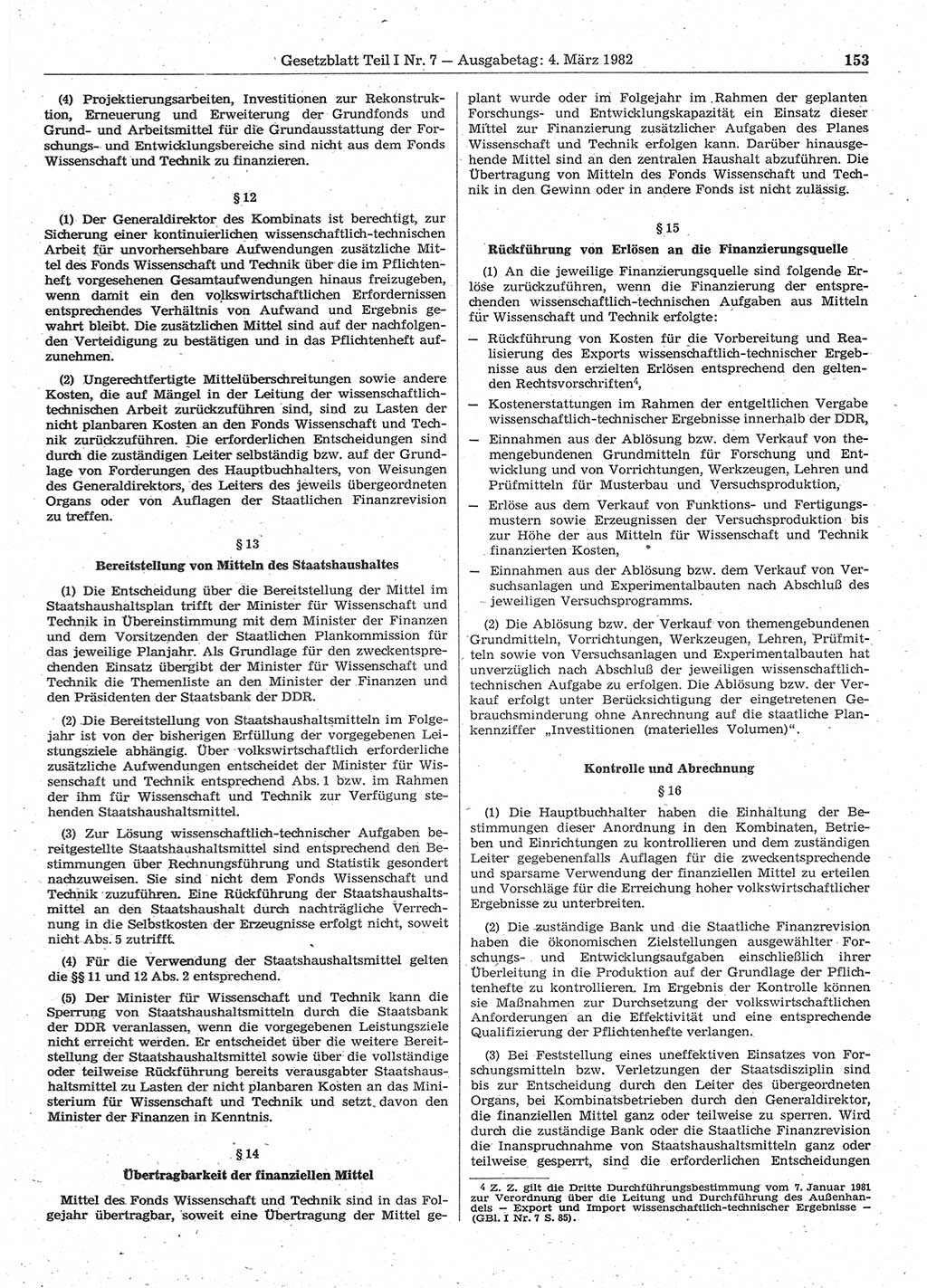 Gesetzblatt (GBl.) der Deutschen Demokratischen Republik (DDR) Teil Ⅰ 1982, Seite 153 (GBl. DDR Ⅰ 1982, S. 153)
