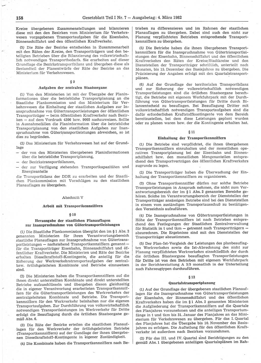 Gesetzblatt (GBl.) der Deutschen Demokratischen Republik (DDR) Teil Ⅰ 1982, Seite 158 (GBl. DDR Ⅰ 1982, S. 158)