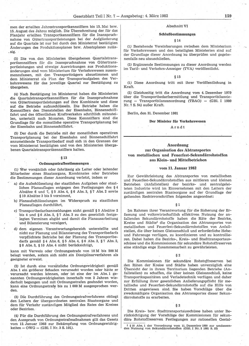 Gesetzblatt (GBl.) der Deutschen Demokratischen Republik (DDR) Teil Ⅰ 1982, Seite 159 (GBl. DDR Ⅰ 1982, S. 159)