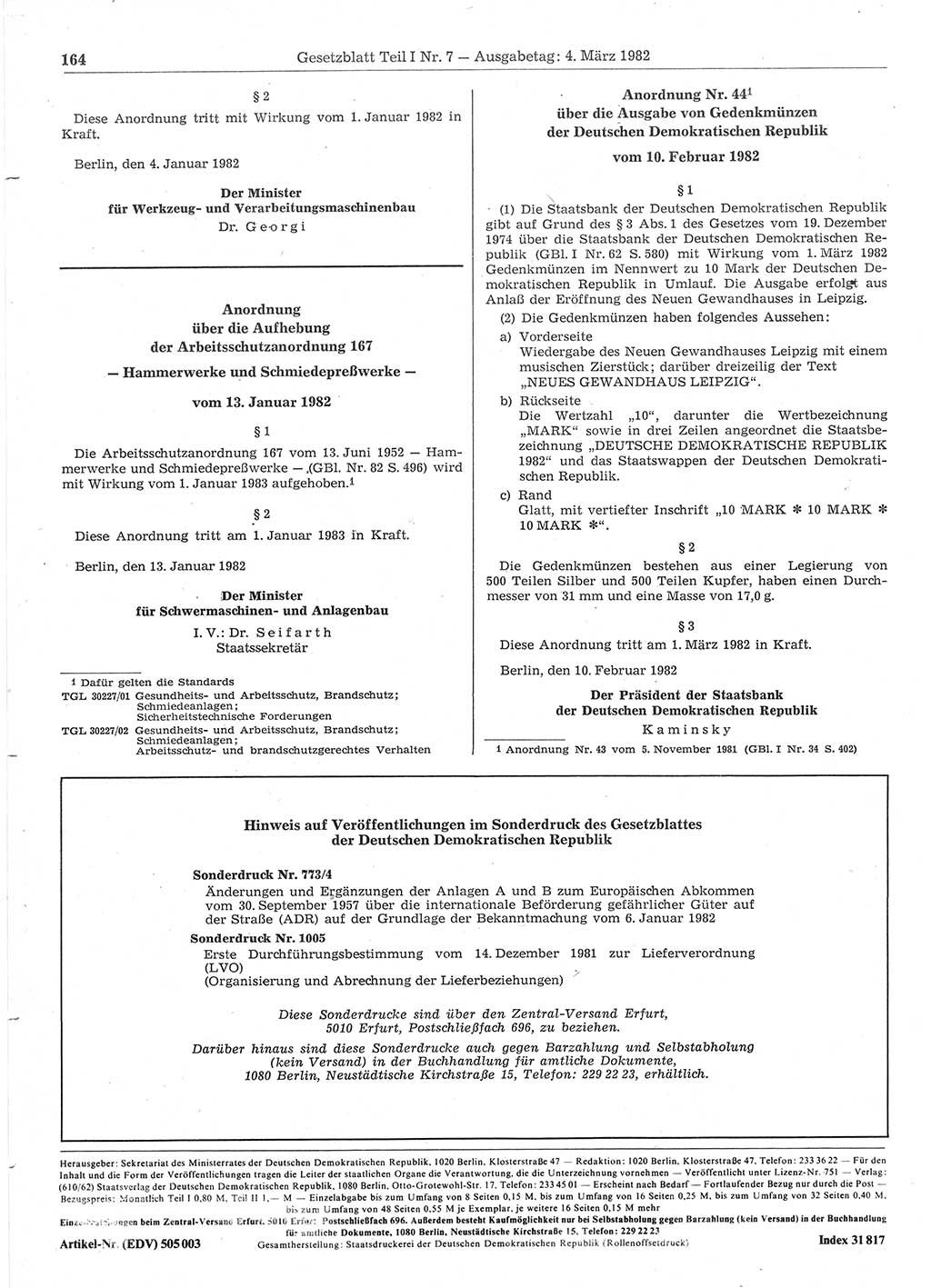 Gesetzblatt (GBl.) der Deutschen Demokratischen Republik (DDR) Teil Ⅰ 1982, Seite 164 (GBl. DDR Ⅰ 1982, S. 164)