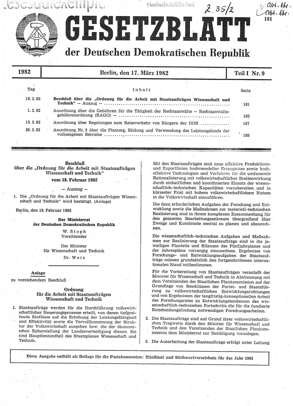 Gesetzblatt (GBl.) der Deutschen Demokratischen Republik (DDR) Teil Ⅰ 1982, Seite 181 (GBl. DDR Ⅰ 1982, S. 181)