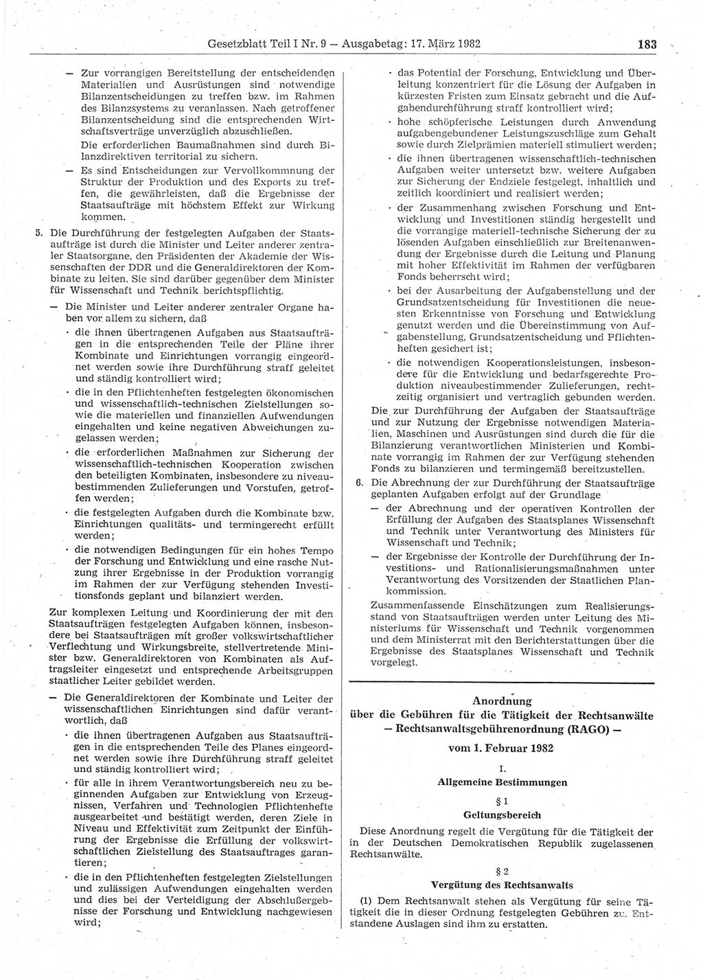 Gesetzblatt (GBl.) der Deutschen Demokratischen Republik (DDR) Teil Ⅰ 1982, Seite 183 (GBl. DDR Ⅰ 1982, S. 183)