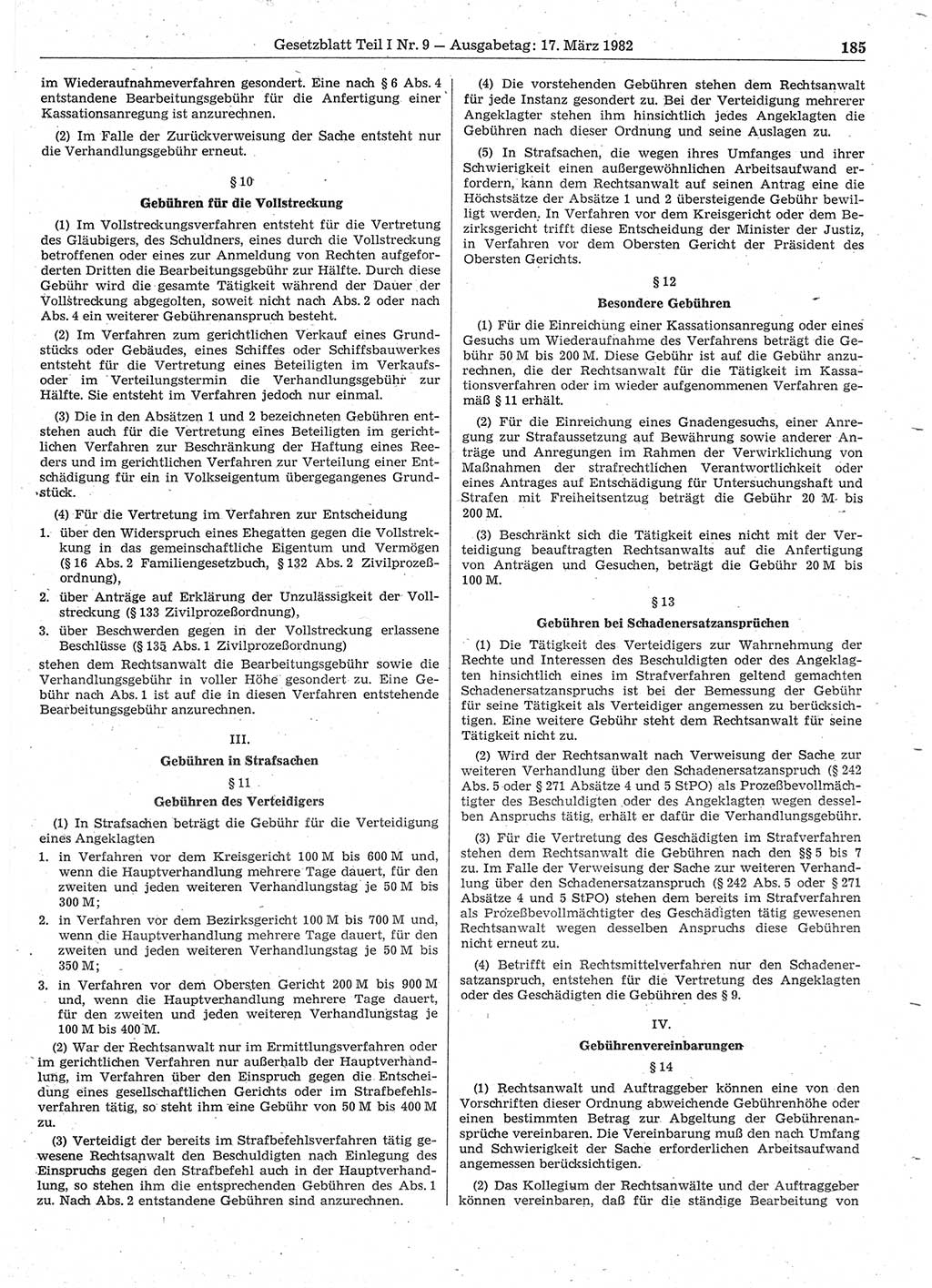 Gesetzblatt (GBl.) der Deutschen Demokratischen Republik (DDR) Teil Ⅰ 1982, Seite 185 (GBl. DDR Ⅰ 1982, S. 185)