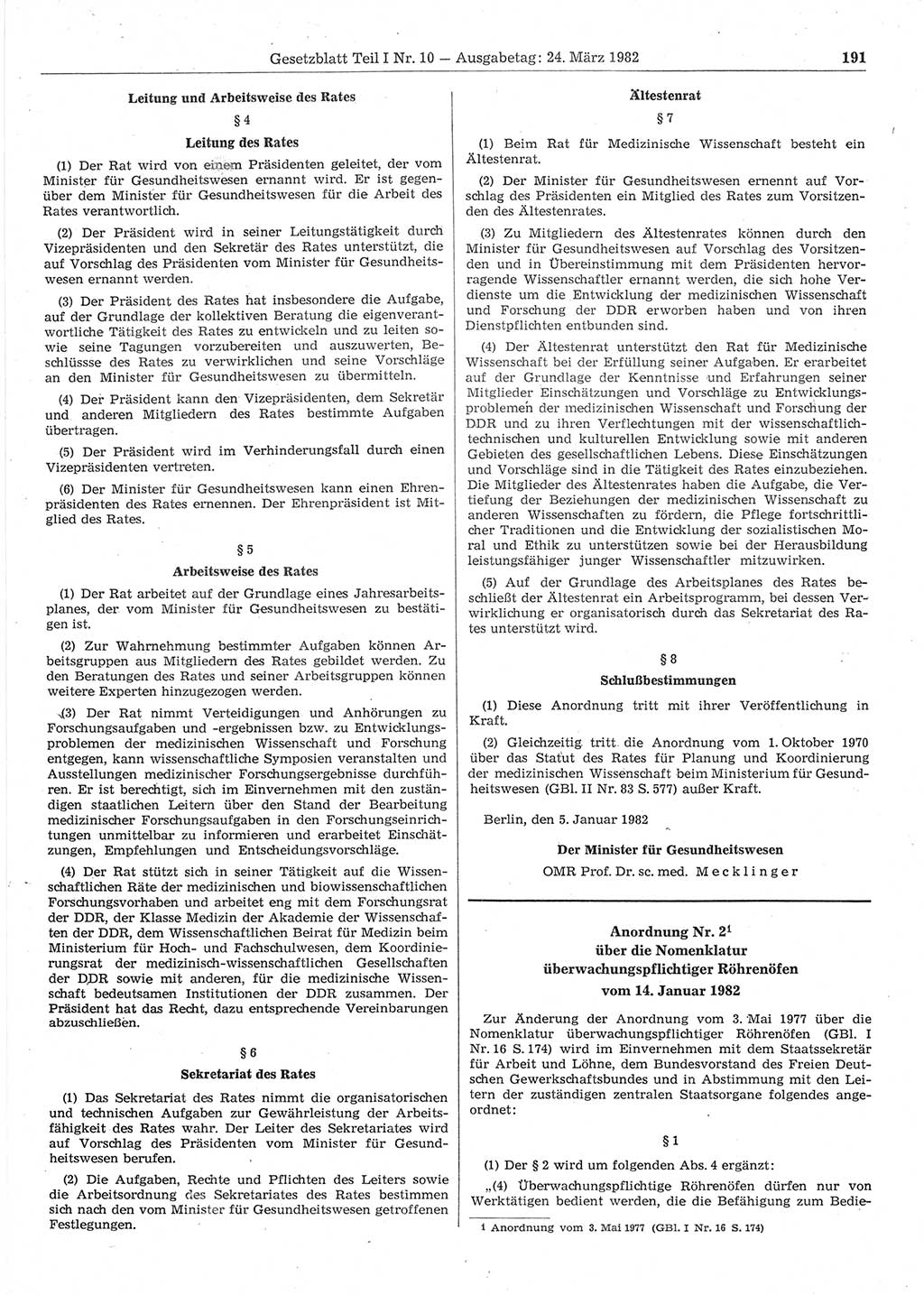 Gesetzblatt (GBl.) der Deutschen Demokratischen Republik (DDR) Teil Ⅰ 1982, Seite 191 (GBl. DDR Ⅰ 1982, S. 191)