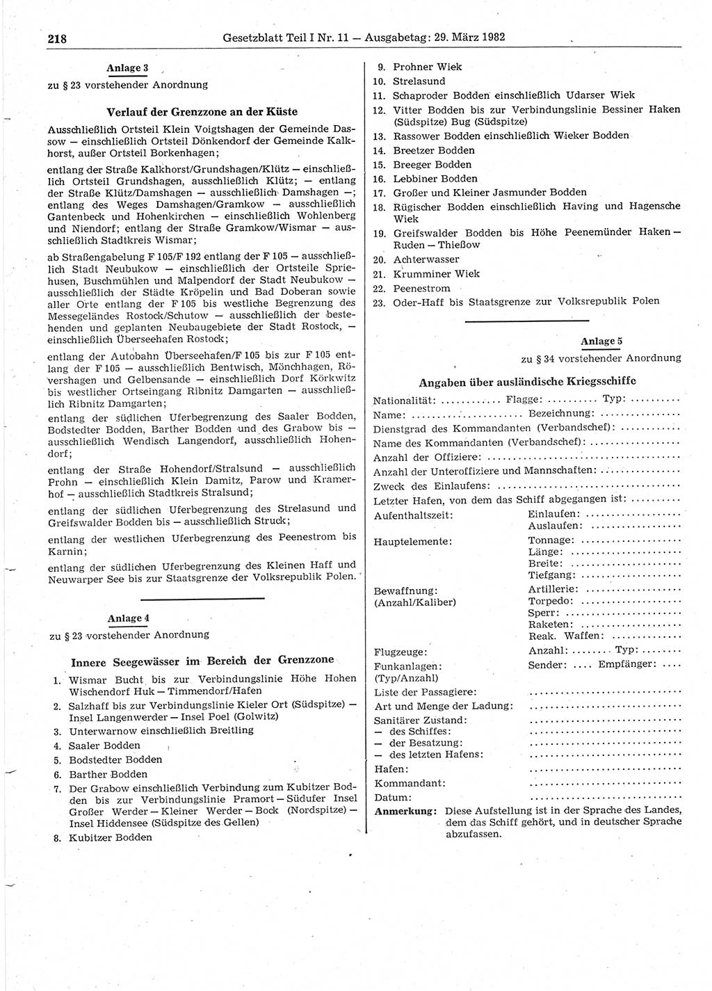 Gesetzblatt (GBl.) der Deutschen Demokratischen Republik (DDR) Teil Ⅰ 1982, Seite 218 (GBl. DDR Ⅰ 1982, S. 218)