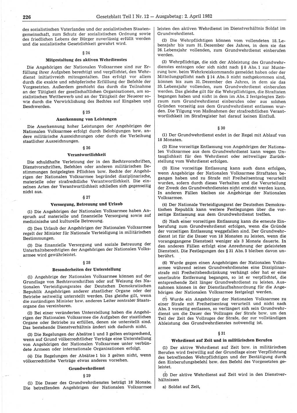 Gesetzblatt (GBl.) der Deutschen Demokratischen Republik (DDR) Teil Ⅰ 1982, Seite 226 (GBl. DDR Ⅰ 1982, S. 226)