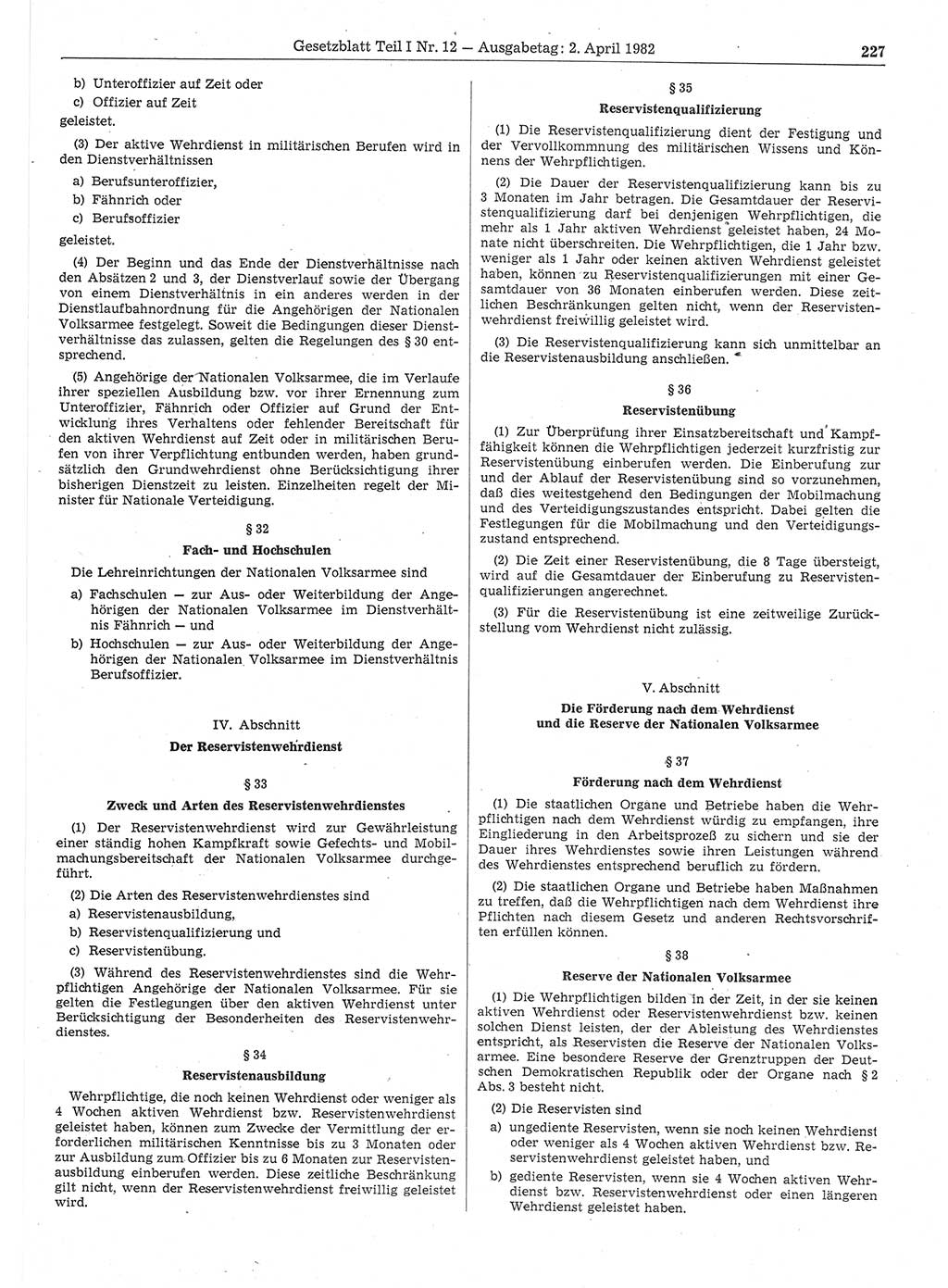 Gesetzblatt (GBl.) der Deutschen Demokratischen Republik (DDR) Teil Ⅰ 1982, Seite 227 (GBl. DDR Ⅰ 1982, S. 227)