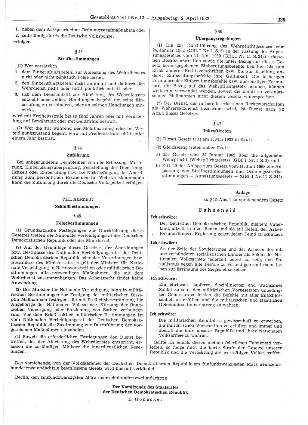 Gesetzblatt (GBl.) der Deutschen Demokratischen Republik (DDR) Teil Ⅰ 1982, Seite 229 (GBl. DDR Ⅰ 1982, S. 229)