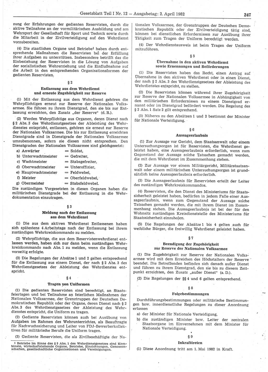 Gesetzblatt (GBl.) der Deutschen Demokratischen Republik (DDR) Teil Ⅰ 1982, Seite 247 (GBl. DDR Ⅰ 1982, S. 247)