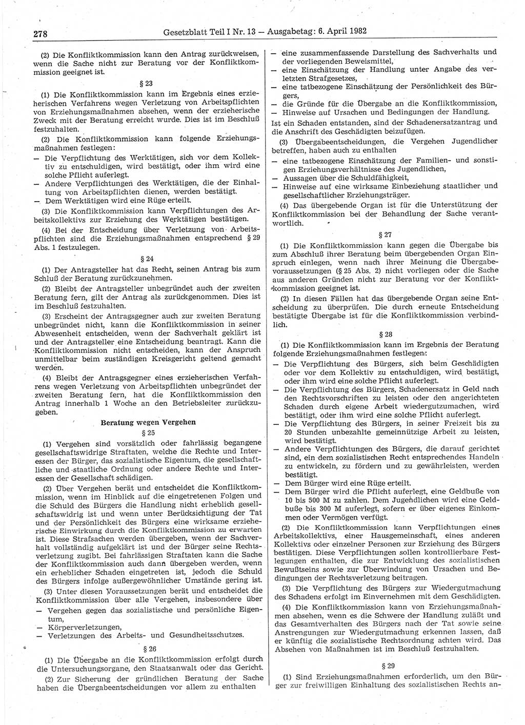Gesetzblatt (GBl.) der Deutschen Demokratischen Republik (DDR) Teil Ⅰ 1982, Seite 278 (GBl. DDR Ⅰ 1982, S. 278)