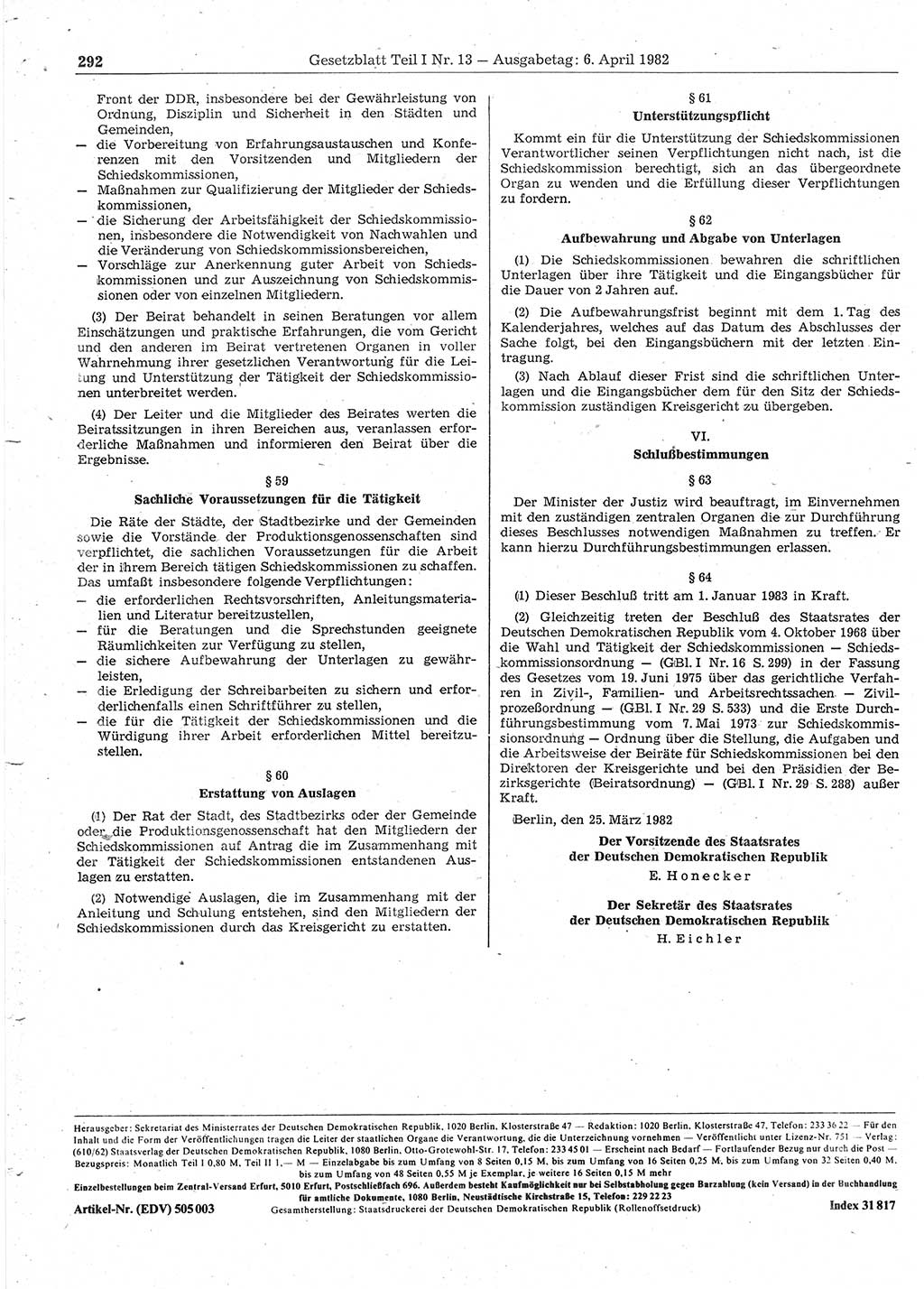 Gesetzblatt (GBl.) der Deutschen Demokratischen Republik (DDR) Teil Ⅰ 1982, Seite 292 (GBl. DDR Ⅰ 1982, S. 292)