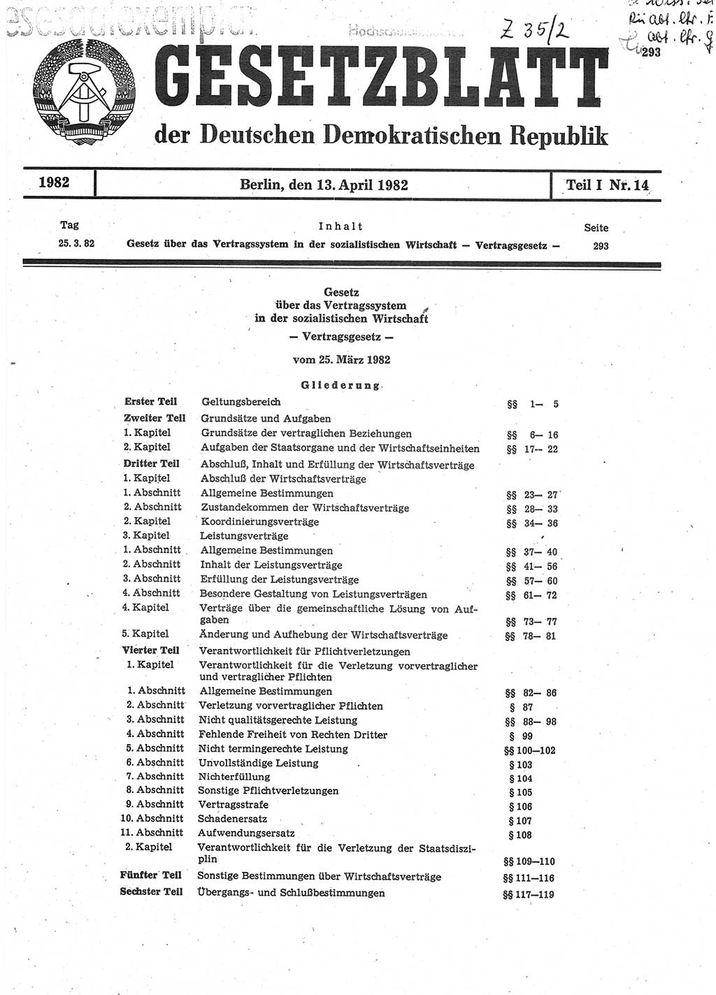 Gesetzblatt (GBl.) der Deutschen Demokratischen Republik (DDR) Teil Ⅰ 1982, Seite 293 (GBl. DDR Ⅰ 1982, S. 293)
