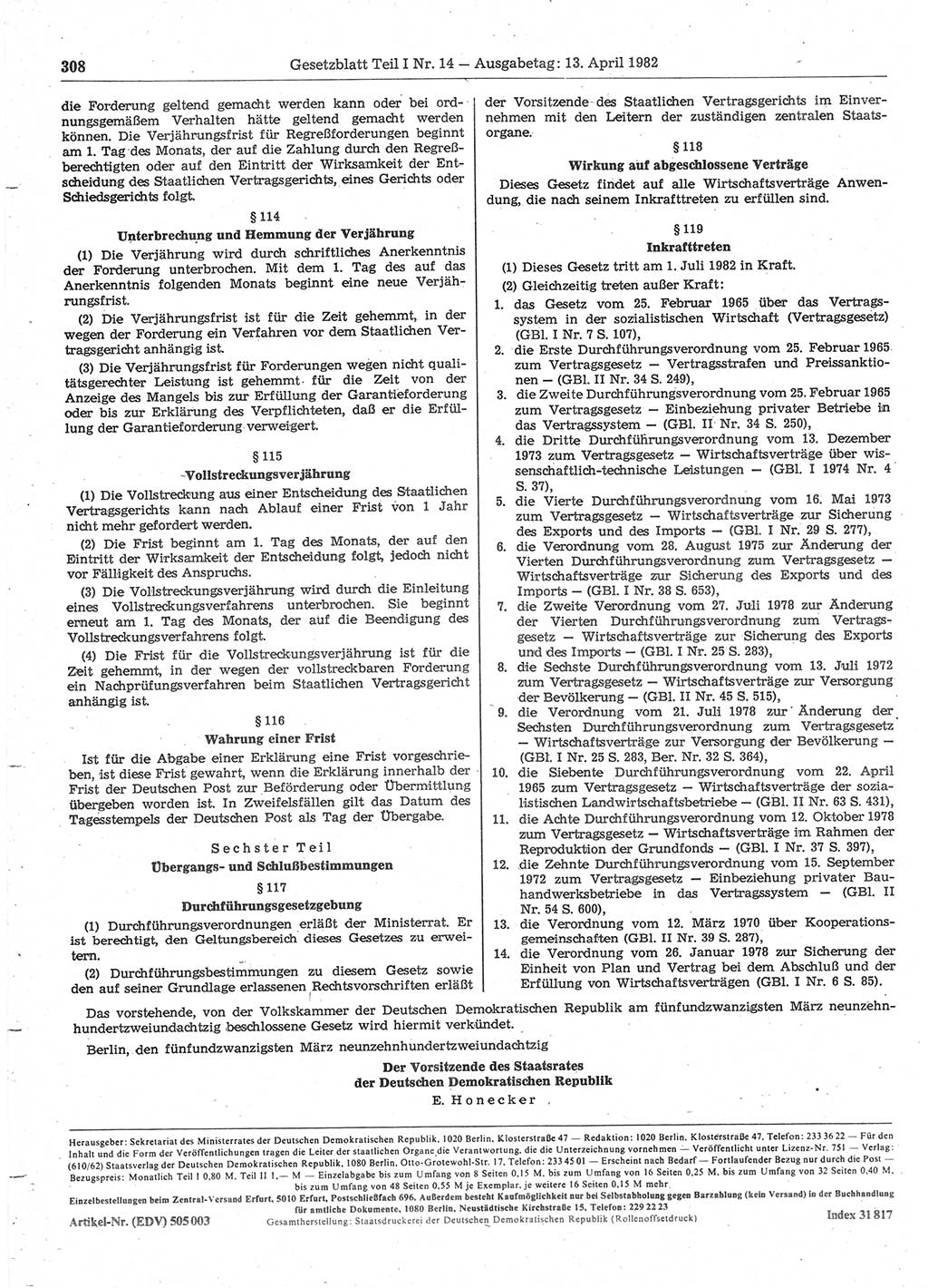Gesetzblatt (GBl.) der Deutschen Demokratischen Republik (DDR) Teil Ⅰ 1982, Seite 308 (GBl. DDR Ⅰ 1982, S. 308)