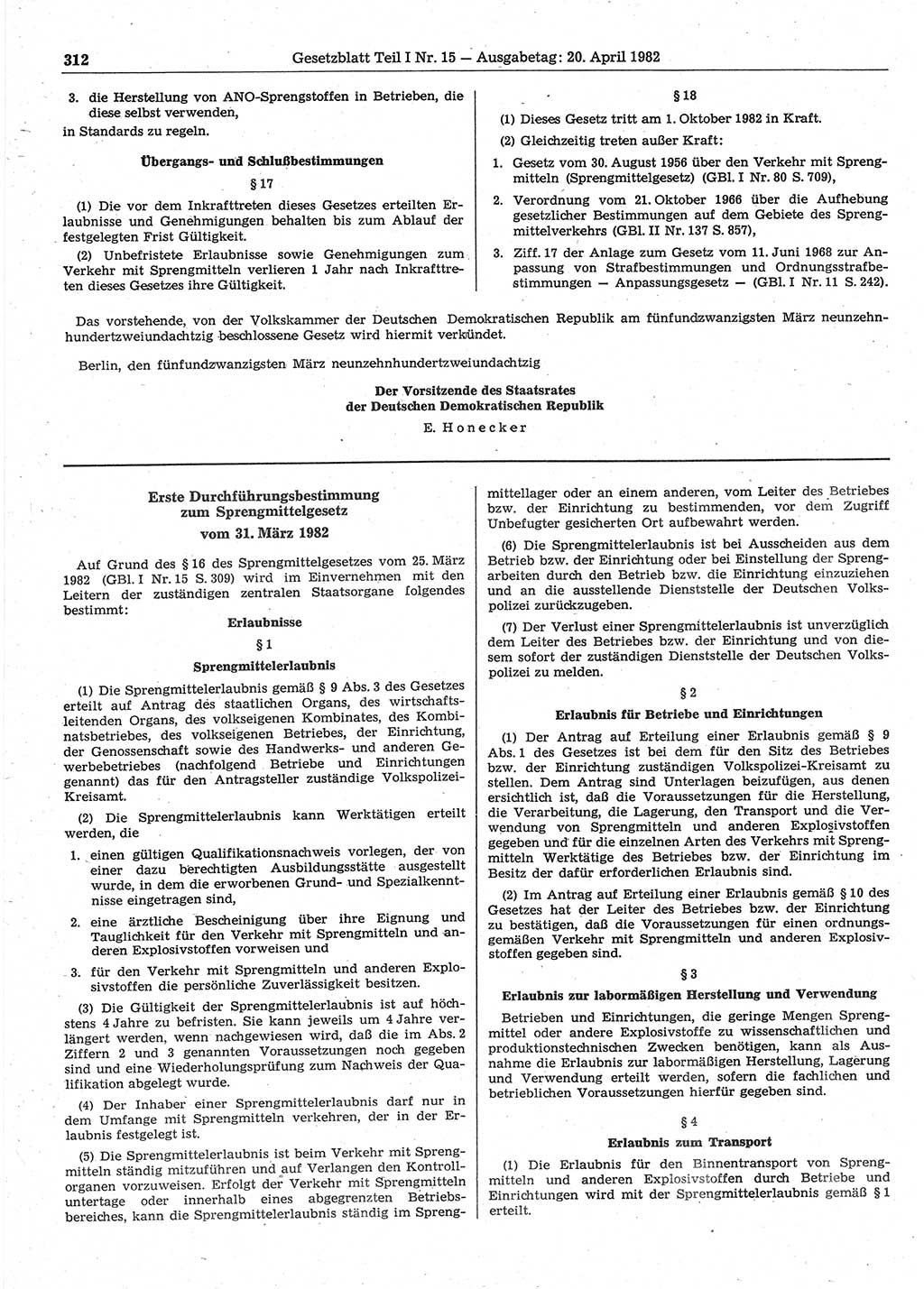 Gesetzblatt (GBl.) der Deutschen Demokratischen Republik (DDR) Teil Ⅰ 1982, Seite 312 (GBl. DDR Ⅰ 1982, S. 312)