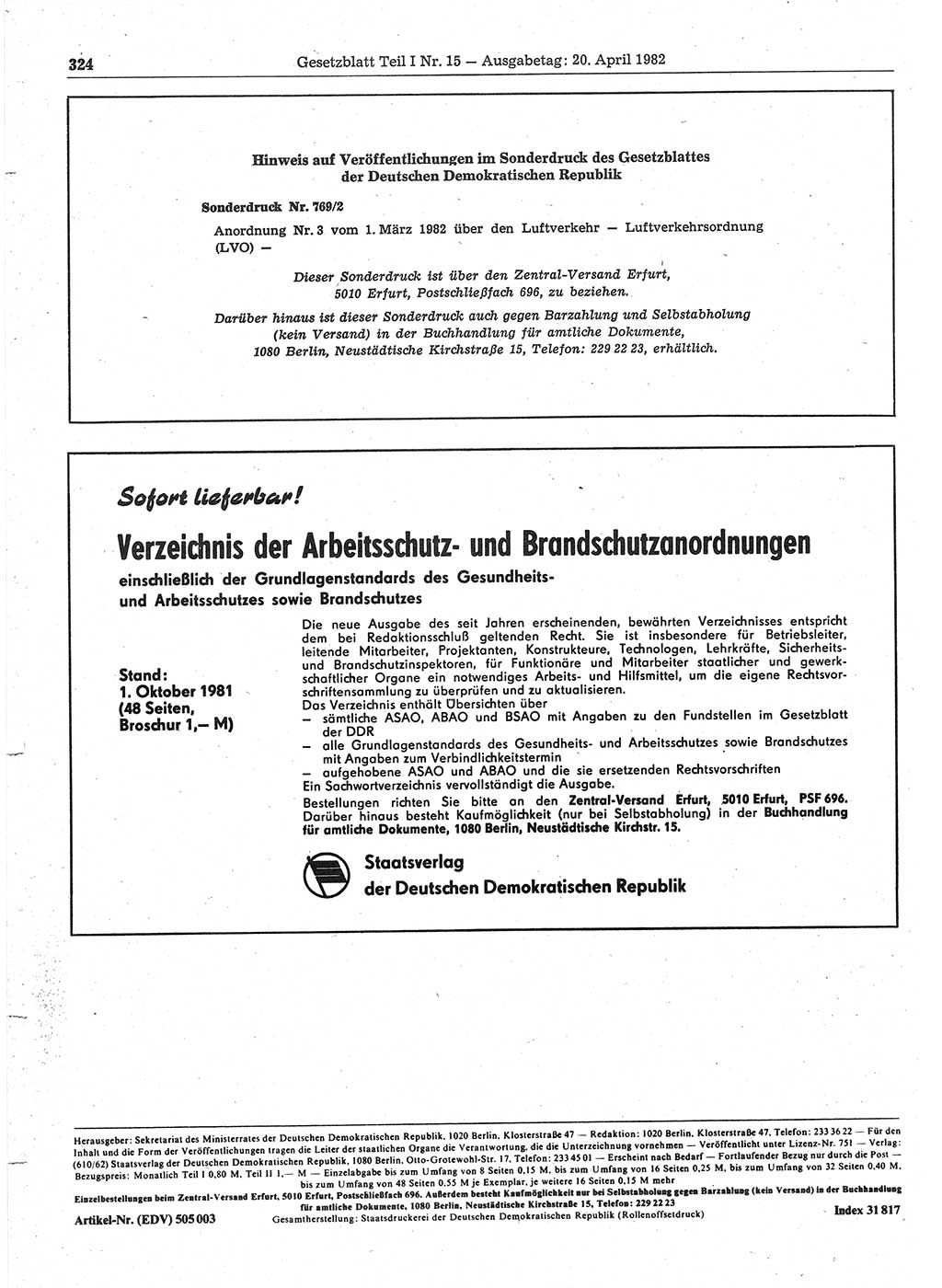 Gesetzblatt (GBl.) der Deutschen Demokratischen Republik (DDR) Teil Ⅰ 1982, Seite 324 (GBl. DDR Ⅰ 1982, S. 324)