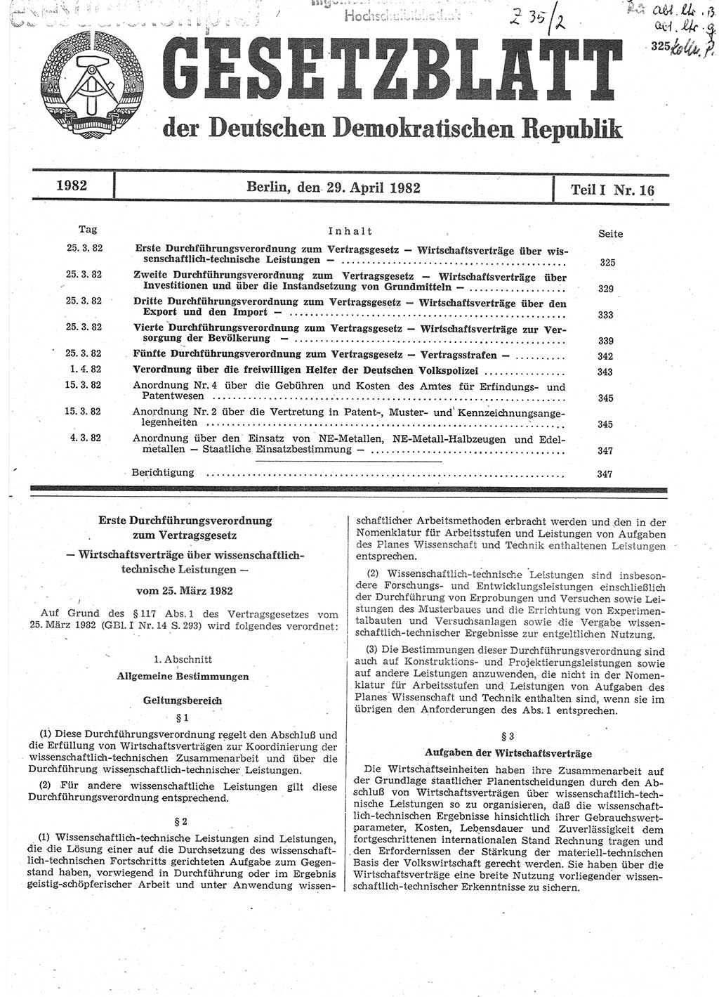 Gesetzblatt (GBl.) der Deutschen Demokratischen Republik (DDR) Teil Ⅰ 1982, Seite 325 (GBl. DDR Ⅰ 1982, S. 325)