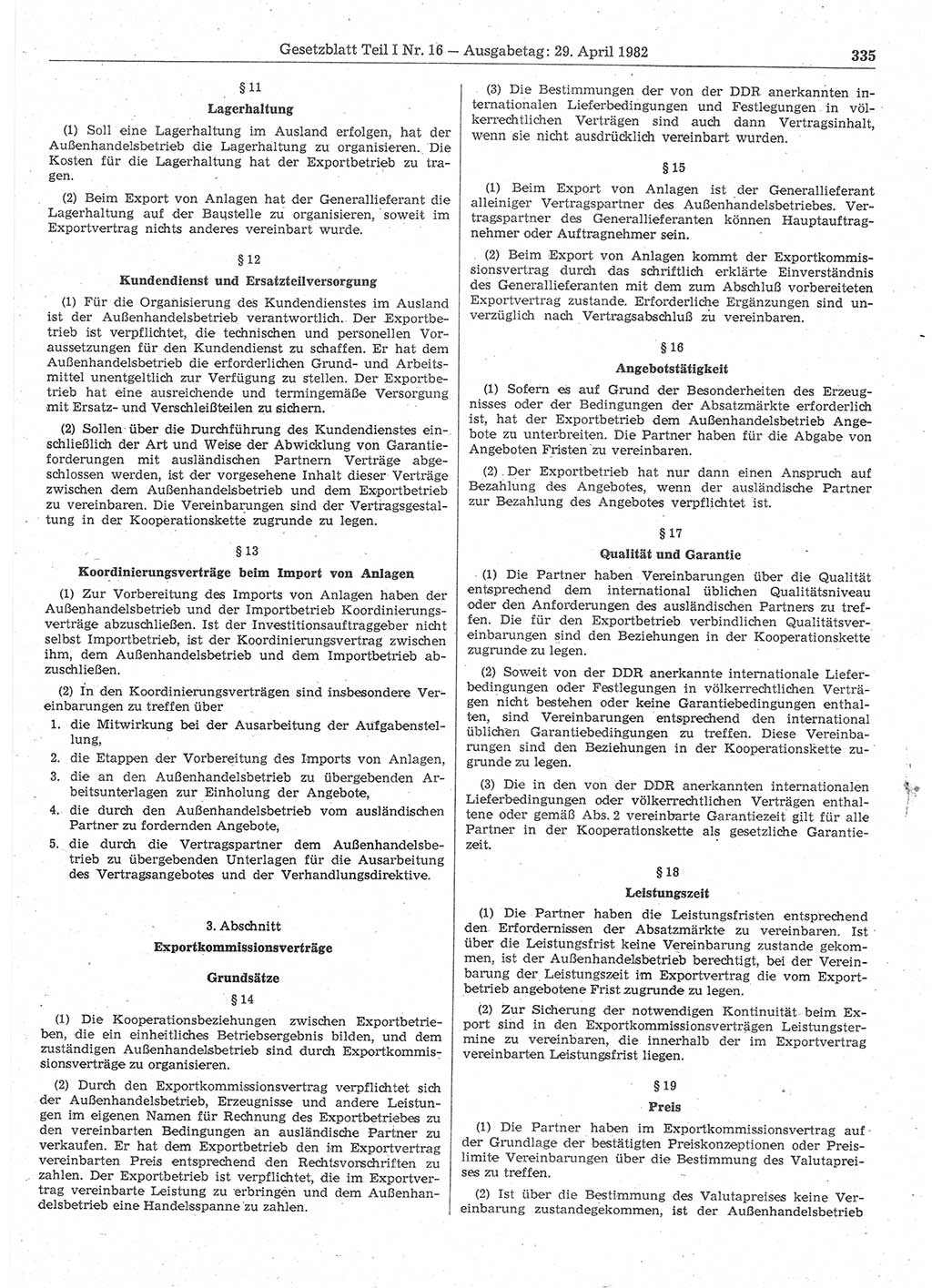 Gesetzblatt (GBl.) der Deutschen Demokratischen Republik (DDR) Teil Ⅰ 1982, Seite 335 (GBl. DDR Ⅰ 1982, S. 335)