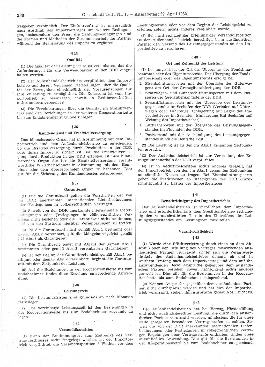Gesetzblatt (GBl.) der Deutschen Demokratischen Republik (DDR) Teil Ⅰ 1982, Seite 338 (GBl. DDR Ⅰ 1982, S. 338)