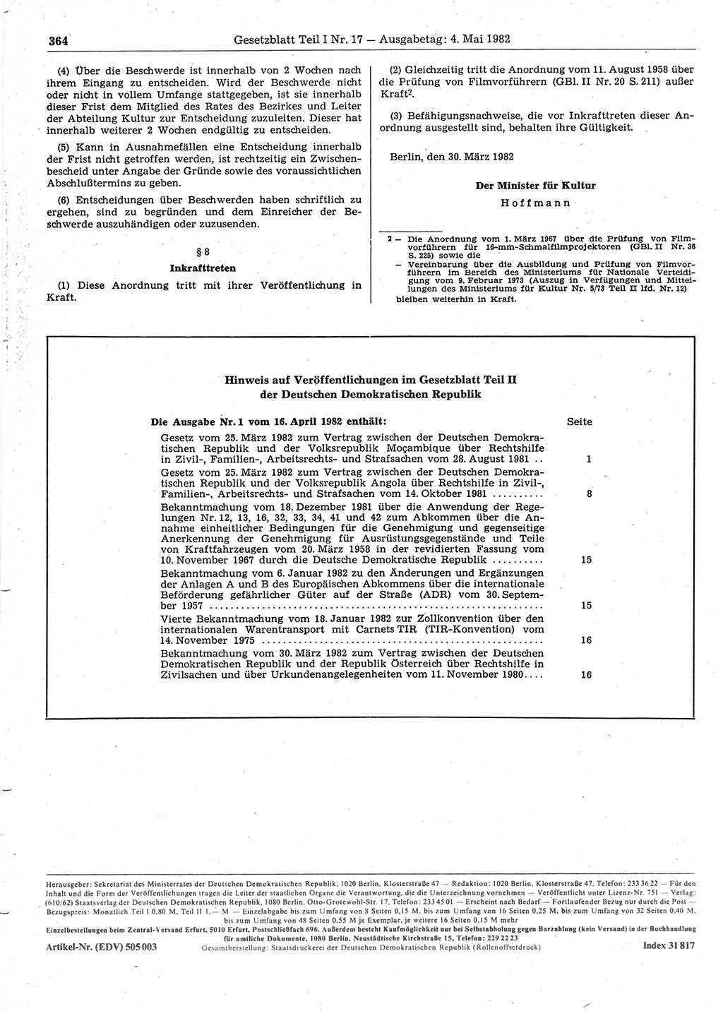 Gesetzblatt (GBl.) der Deutschen Demokratischen Republik (DDR) Teil Ⅰ 1982, Seite 364 (GBl. DDR Ⅰ 1982, S. 364)