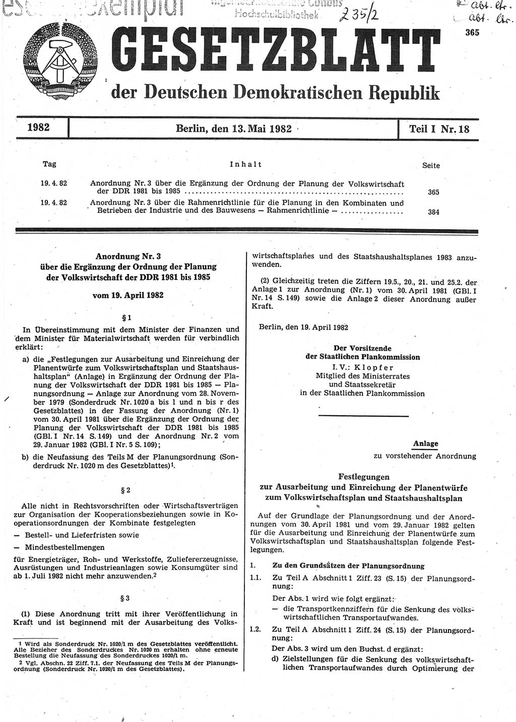 Gesetzblatt (GBl.) der Deutschen Demokratischen Republik (DDR) Teil Ⅰ 1982, Seite 365 (GBl. DDR Ⅰ 1982, S. 365)