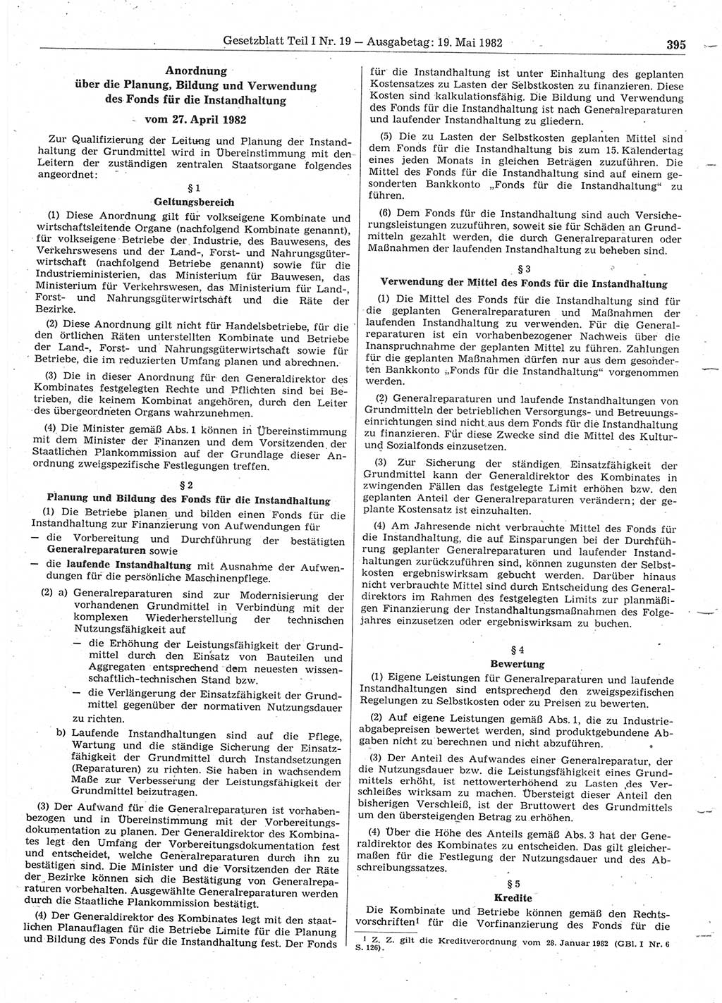 Gesetzblatt (GBl.) der Deutschen Demokratischen Republik (DDR) Teil Ⅰ 1982, Seite 395 (GBl. DDR Ⅰ 1982, S. 395)