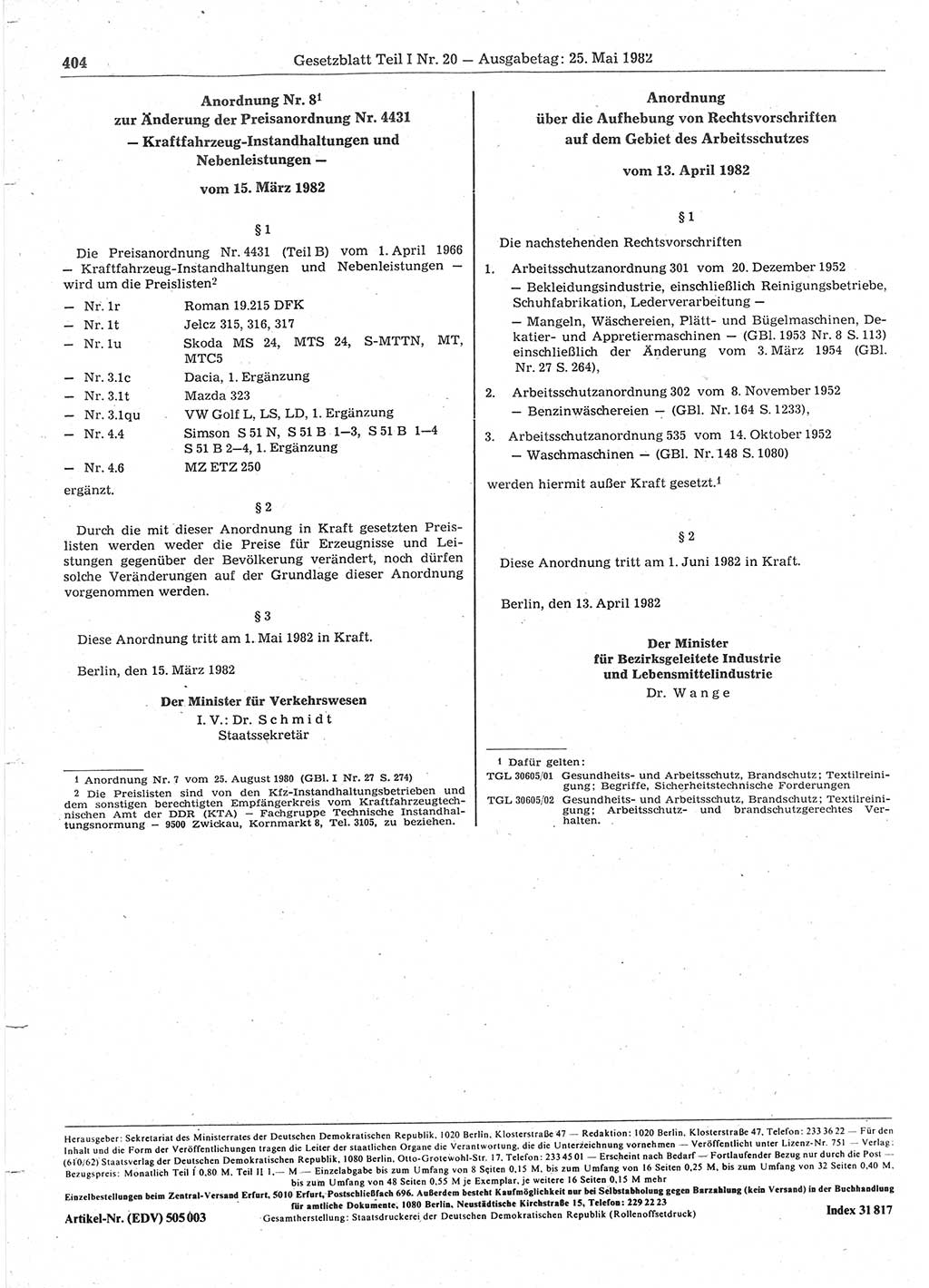Gesetzblatt (GBl.) der Deutschen Demokratischen Republik (DDR) Teil Ⅰ 1982, Seite 404 (GBl. DDR Ⅰ 1982, S. 404)