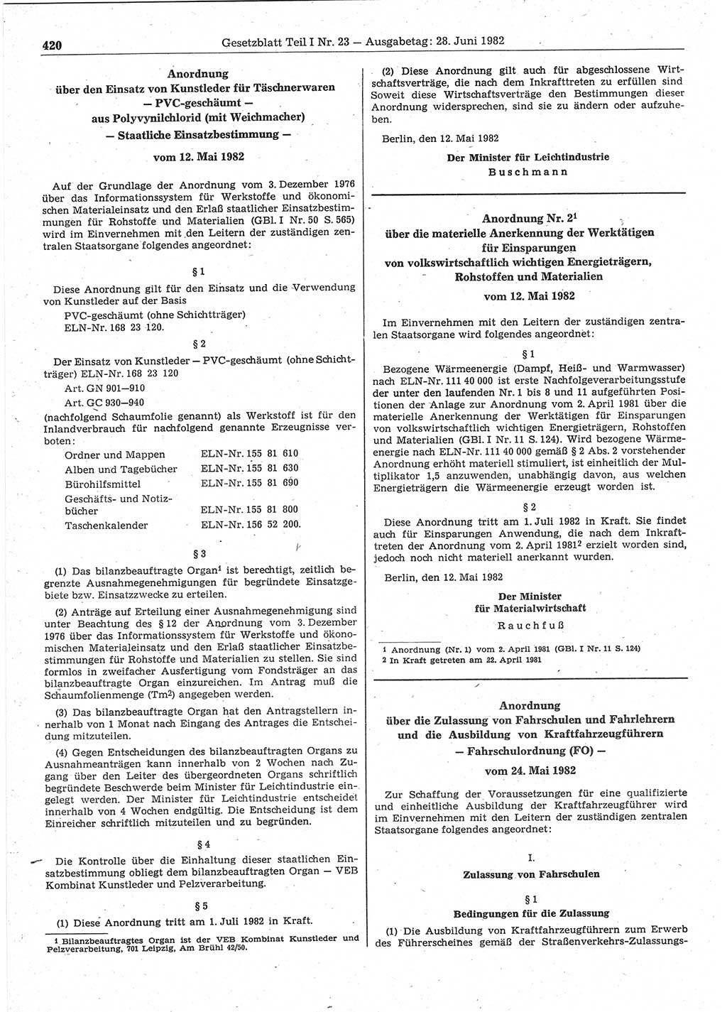 Gesetzblatt (GBl.) der Deutschen Demokratischen Republik (DDR) Teil Ⅰ 1982, Seite 420 (GBl. DDR Ⅰ 1982, S. 420)