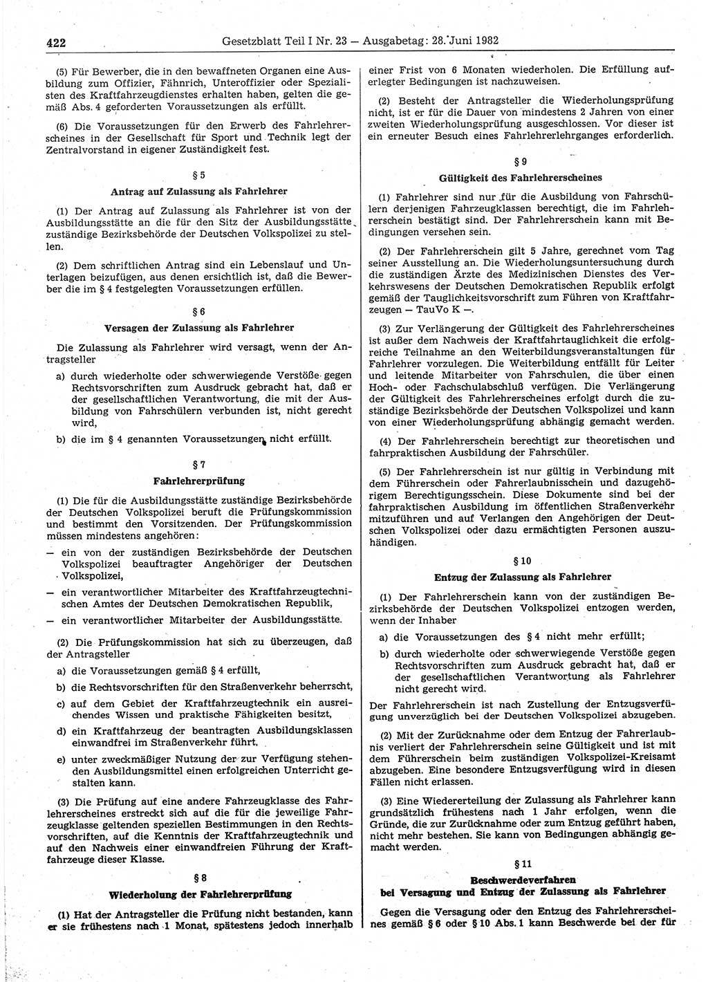 Gesetzblatt (GBl.) der Deutschen Demokratischen Republik (DDR) Teil Ⅰ 1982, Seite 422 (GBl. DDR Ⅰ 1982, S. 422)
