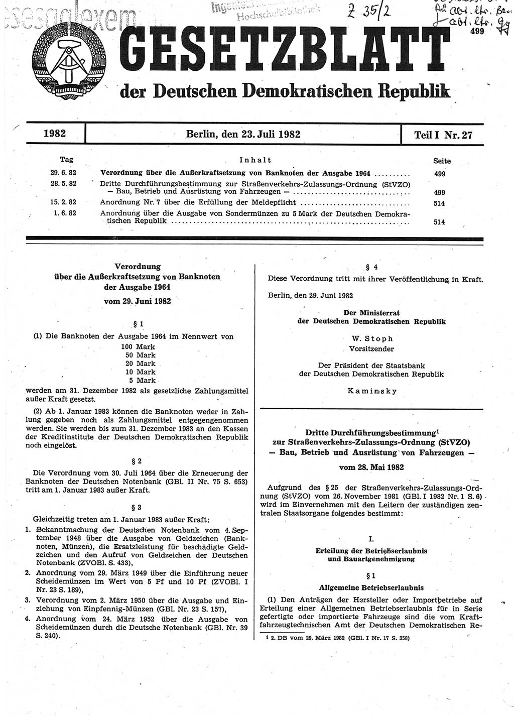 Gesetzblatt (GBl.) der Deutschen Demokratischen Republik (DDR) Teil Ⅰ 1982, Seite 499 (GBl. DDR Ⅰ 1982, S. 499)