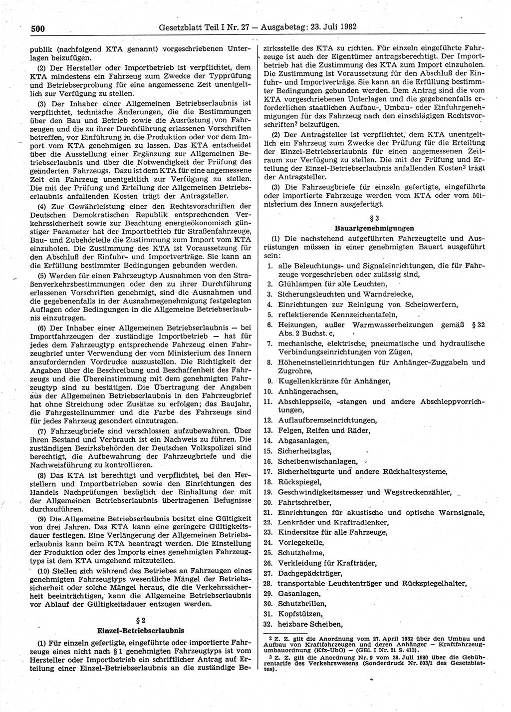 Gesetzblatt (GBl.) der Deutschen Demokratischen Republik (DDR) Teil Ⅰ 1982, Seite 500 (GBl. DDR Ⅰ 1982, S. 500)