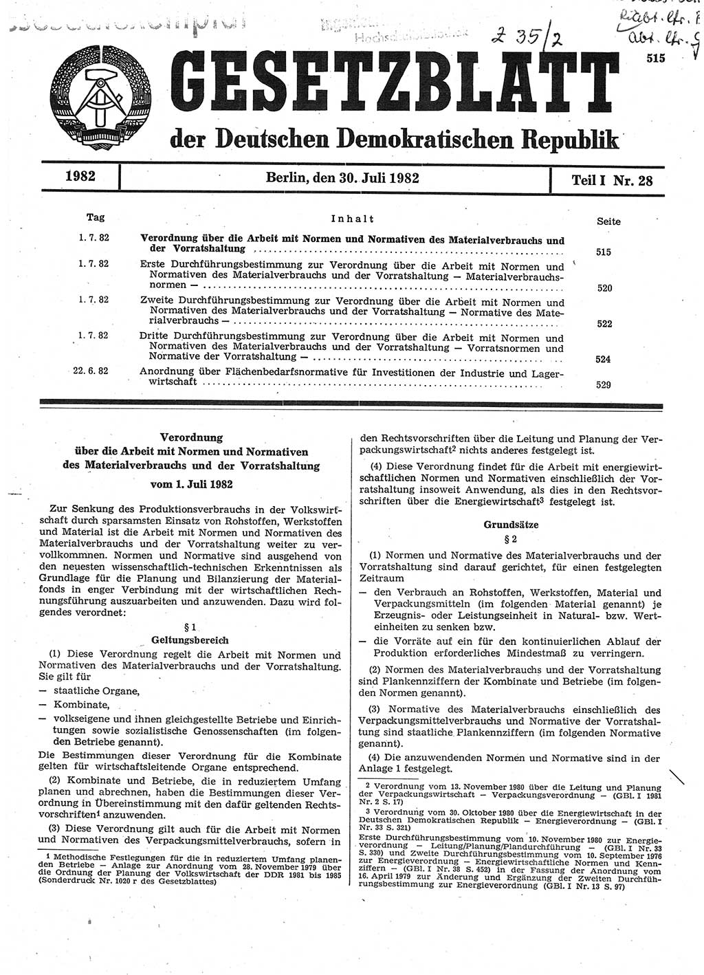 Gesetzblatt (GBl.) der Deutschen Demokratischen Republik (DDR) Teil Ⅰ 1982, Seite 515 (GBl. DDR Ⅰ 1982, S. 515)