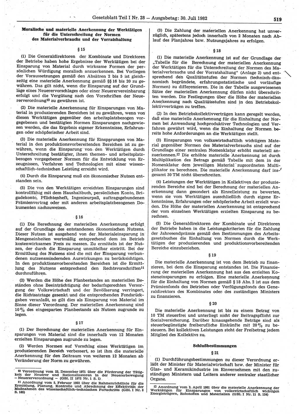 Gesetzblatt (GBl.) der Deutschen Demokratischen Republik (DDR) Teil Ⅰ 1982, Seite 519 (GBl. DDR Ⅰ 1982, S. 519)