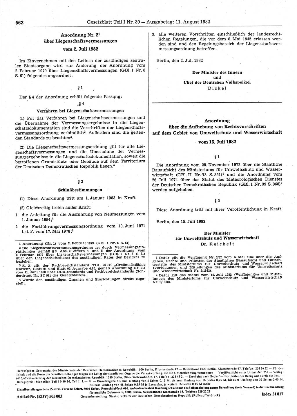 Gesetzblatt (GBl.) der Deutschen Demokratischen Republik (DDR) Teil Ⅰ 1982, Seite 562 (GBl. DDR Ⅰ 1982, S. 562)