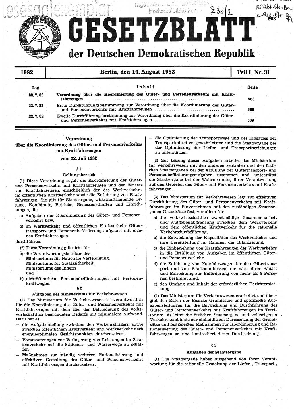 Gesetzblatt (GBl.) der Deutschen Demokratischen Republik (DDR) Teil Ⅰ 1982, Seite 563 (GBl. DDR Ⅰ 1982, S. 563)