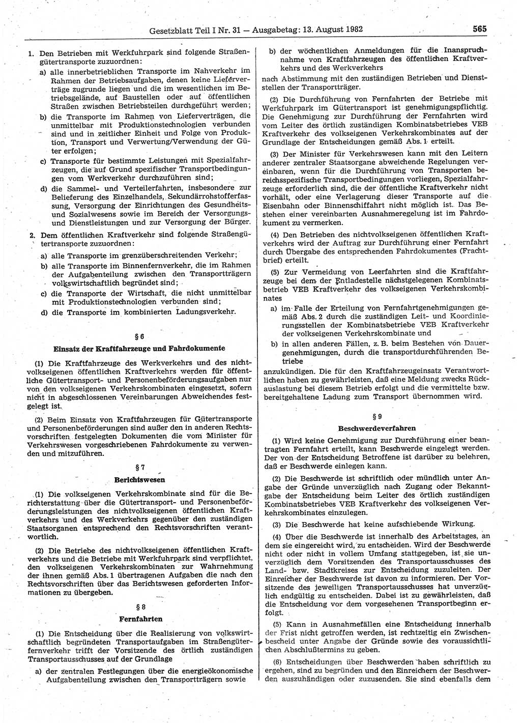 Gesetzblatt (GBl.) der Deutschen Demokratischen Republik (DDR) Teil Ⅰ 1982, Seite 565 (GBl. DDR Ⅰ 1982, S. 565)