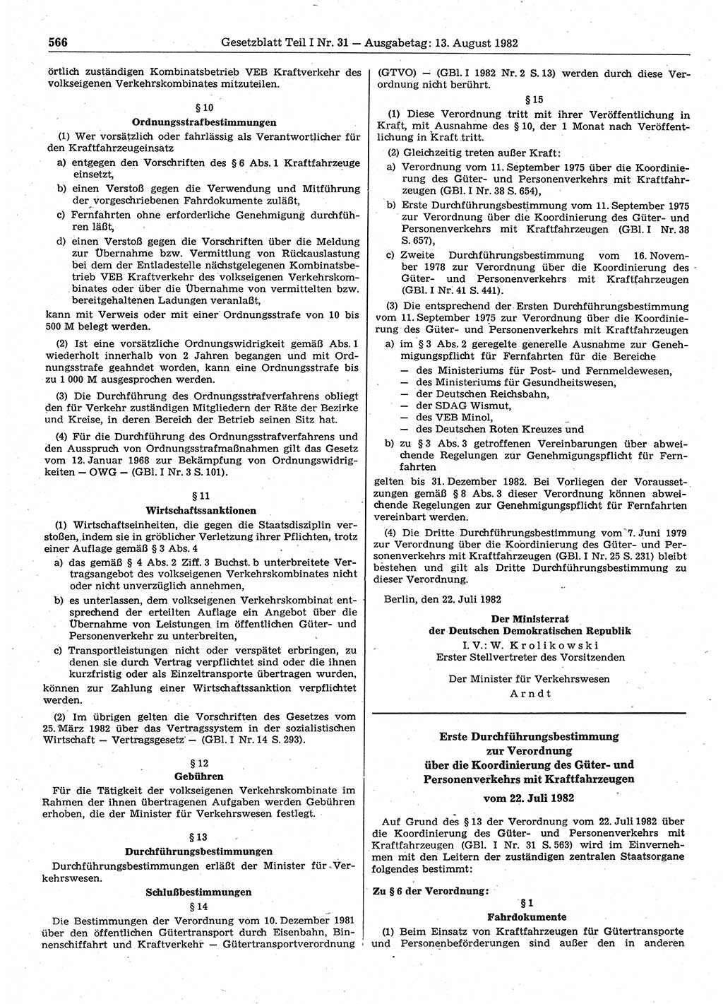 Gesetzblatt (GBl.) der Deutschen Demokratischen Republik (DDR) Teil Ⅰ 1982, Seite 566 (GBl. DDR Ⅰ 1982, S. 566)