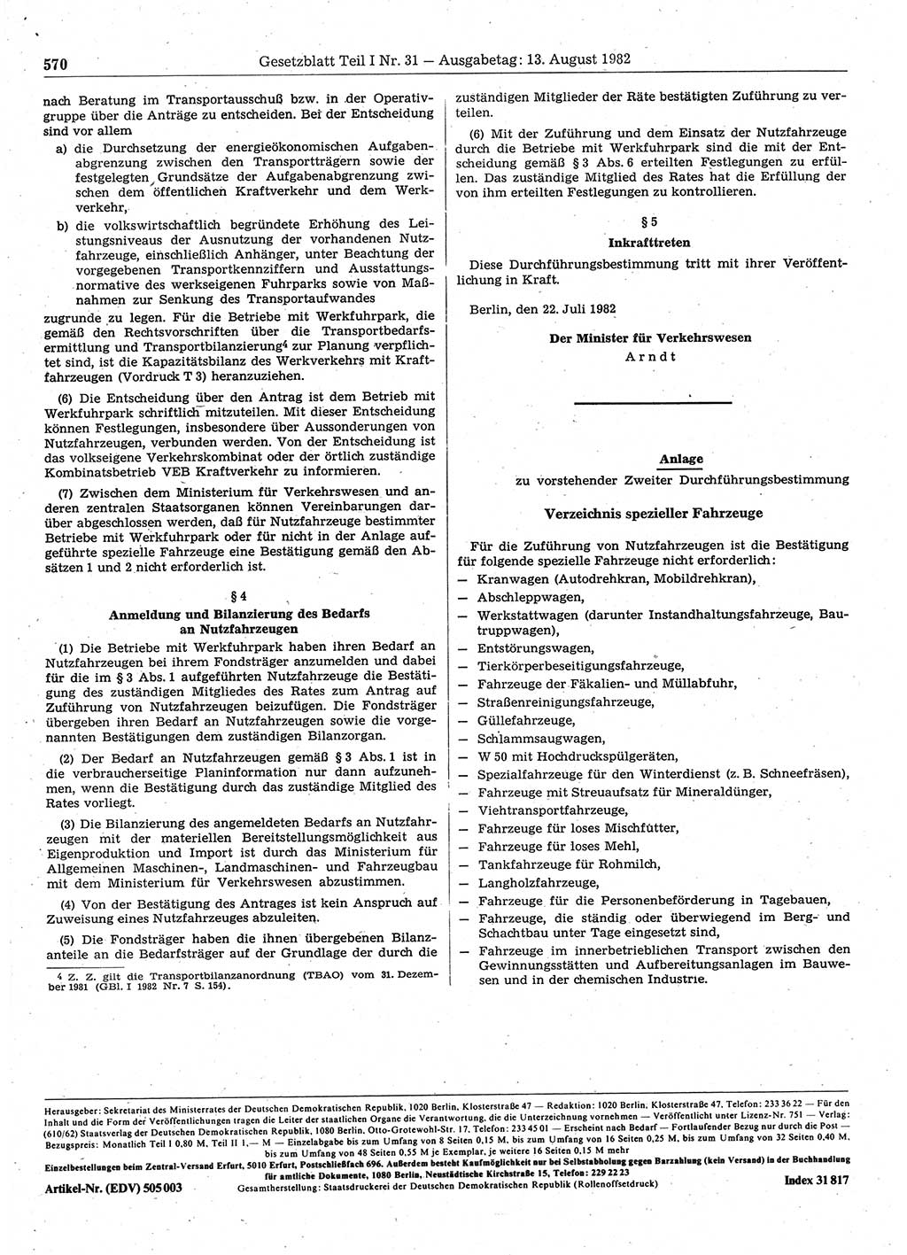Gesetzblatt (GBl.) der Deutschen Demokratischen Republik (DDR) Teil Ⅰ 1982, Seite 570 (GBl. DDR Ⅰ 1982, S. 570)