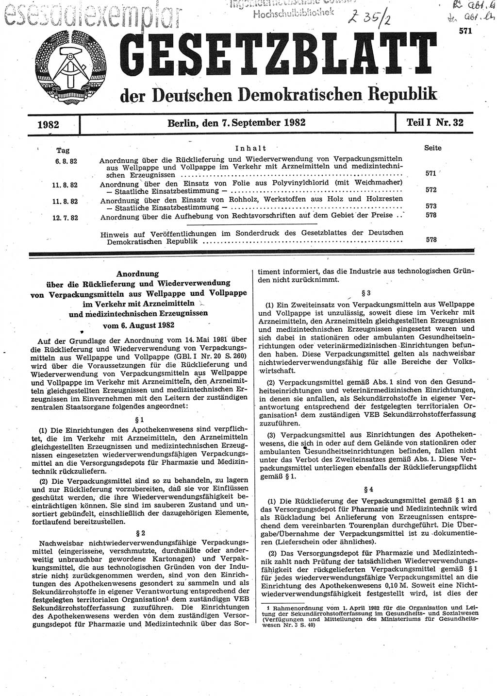 Gesetzblatt (GBl.) der Deutschen Demokratischen Republik (DDR) Teil Ⅰ 1982, Seite 571 (GBl. DDR Ⅰ 1982, S. 571)