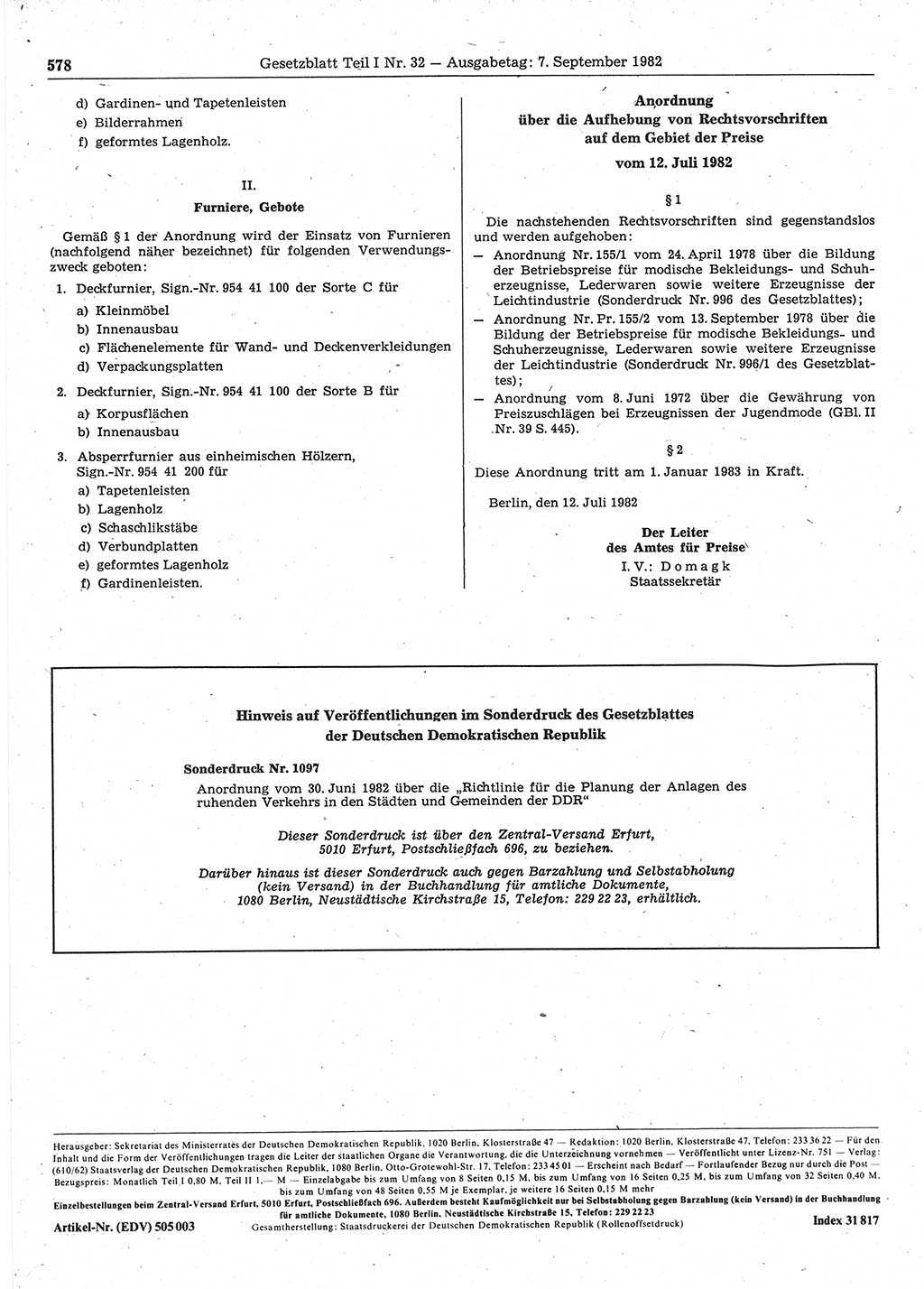Gesetzblatt (GBl.) der Deutschen Demokratischen Republik (DDR) Teil Ⅰ 1982, Seite 578 (GBl. DDR Ⅰ 1982, S. 578)