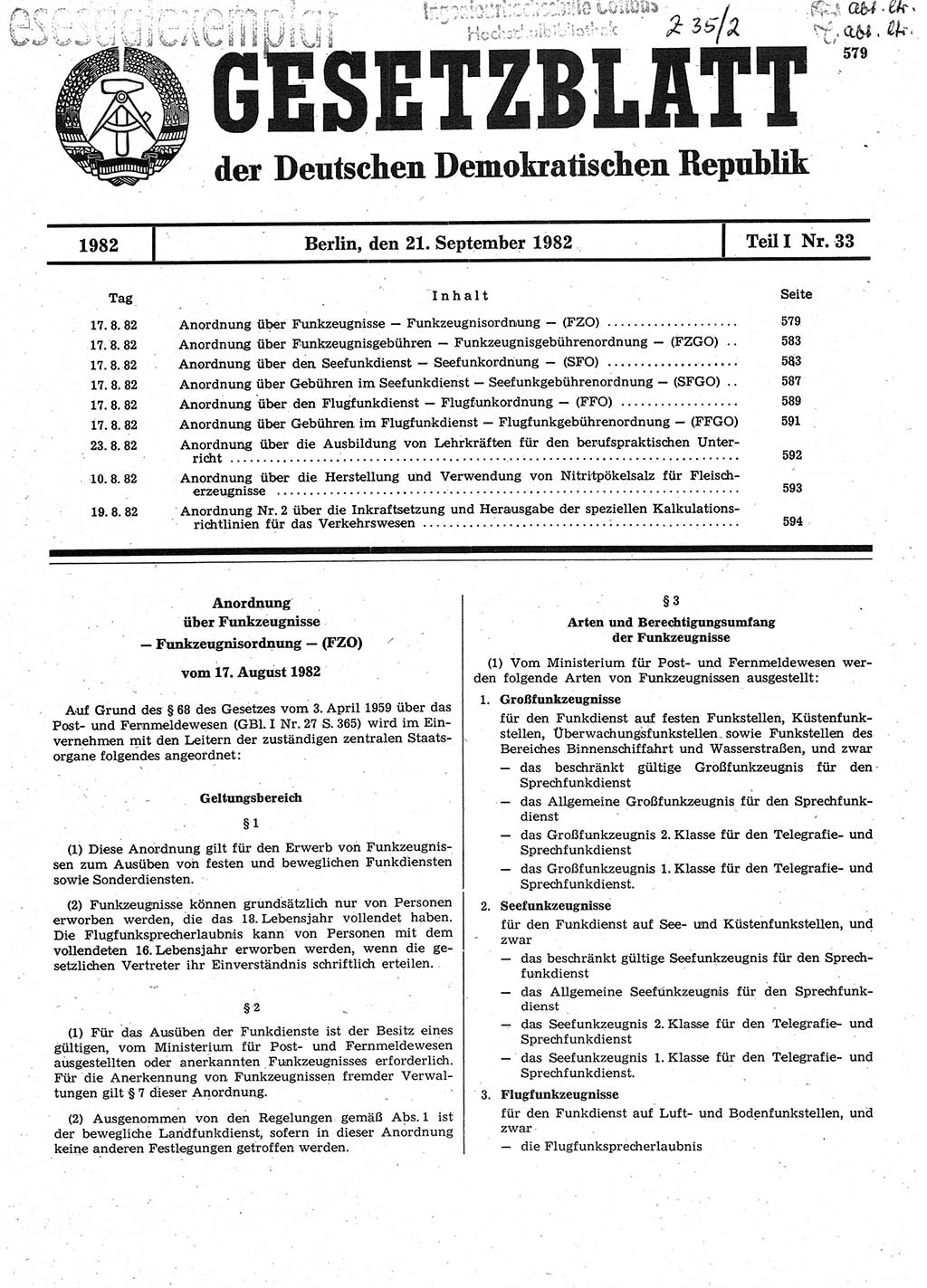 Gesetzblatt (GBl.) der Deutschen Demokratischen Republik (DDR) Teil Ⅰ 1982, Seite 579 (GBl. DDR Ⅰ 1982, S. 579)