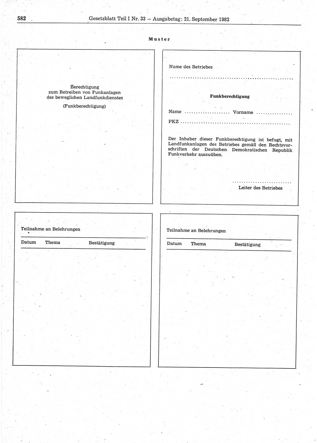 Gesetzblatt (GBl.) der Deutschen Demokratischen Republik (DDR) Teil Ⅰ 1982, Seite 582 (GBl. DDR Ⅰ 1982, S. 582)
