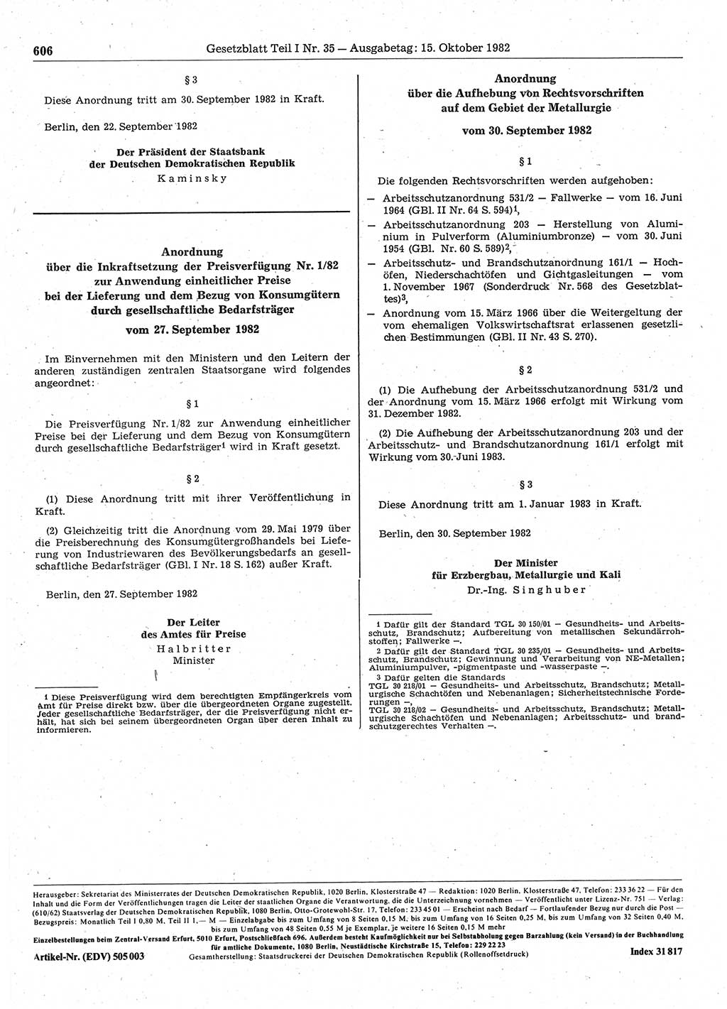 Gesetzblatt (GBl.) der Deutschen Demokratischen Republik (DDR) Teil Ⅰ 1982, Seite 606 (GBl. DDR Ⅰ 1982, S. 606)