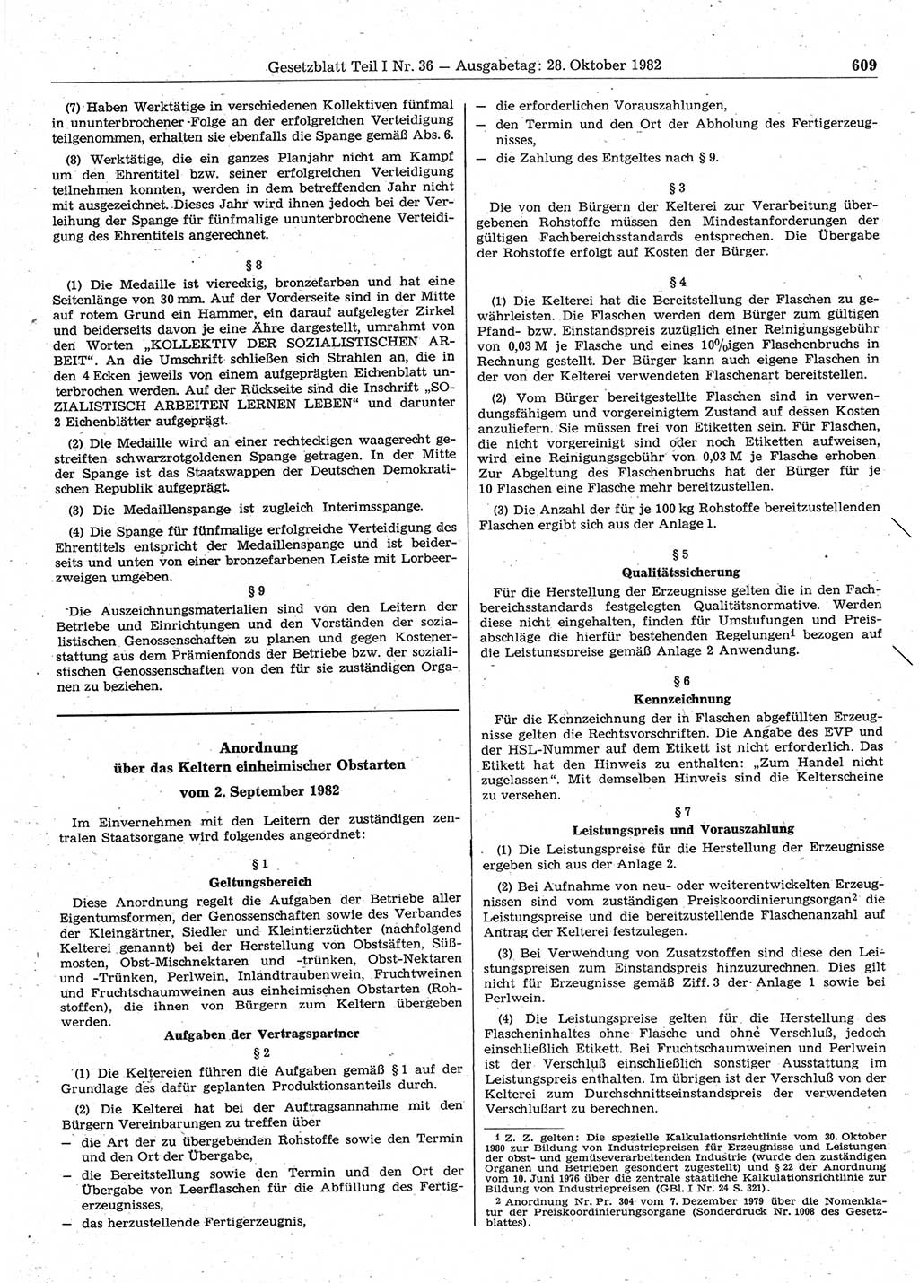 Gesetzblatt (GBl.) der Deutschen Demokratischen Republik (DDR) Teil Ⅰ 1982, Seite 609 (GBl. DDR Ⅰ 1982, S. 609)
