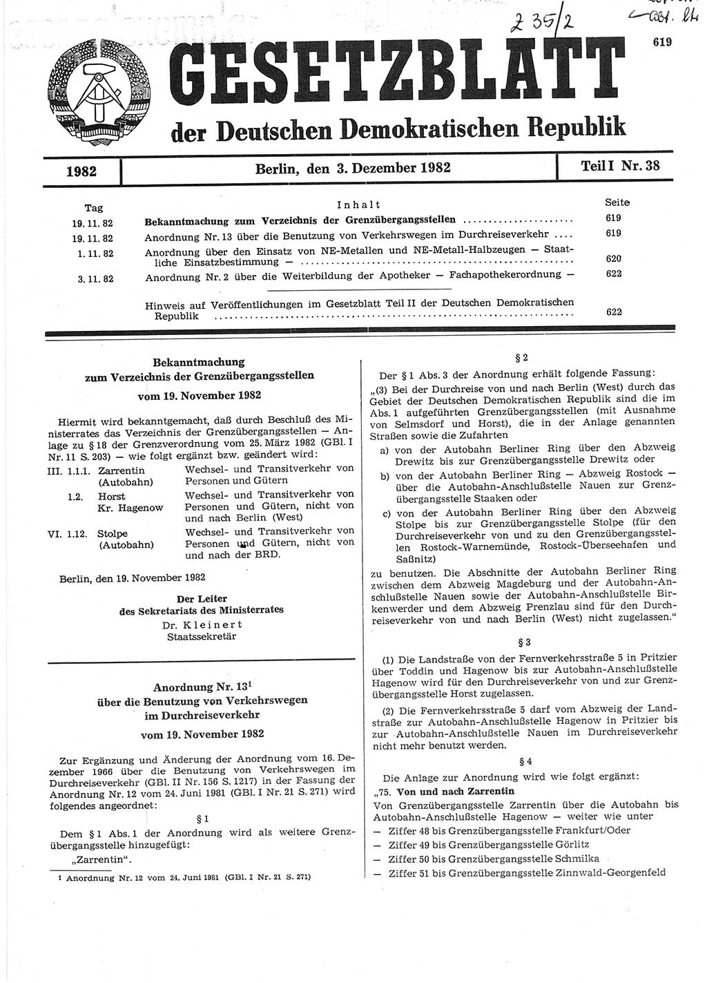 Gesetzblatt (GBl.) der Deutschen Demokratischen Republik (DDR) Teil Ⅰ 1982, Seite 619 (GBl. DDR Ⅰ 1982, S. 619)