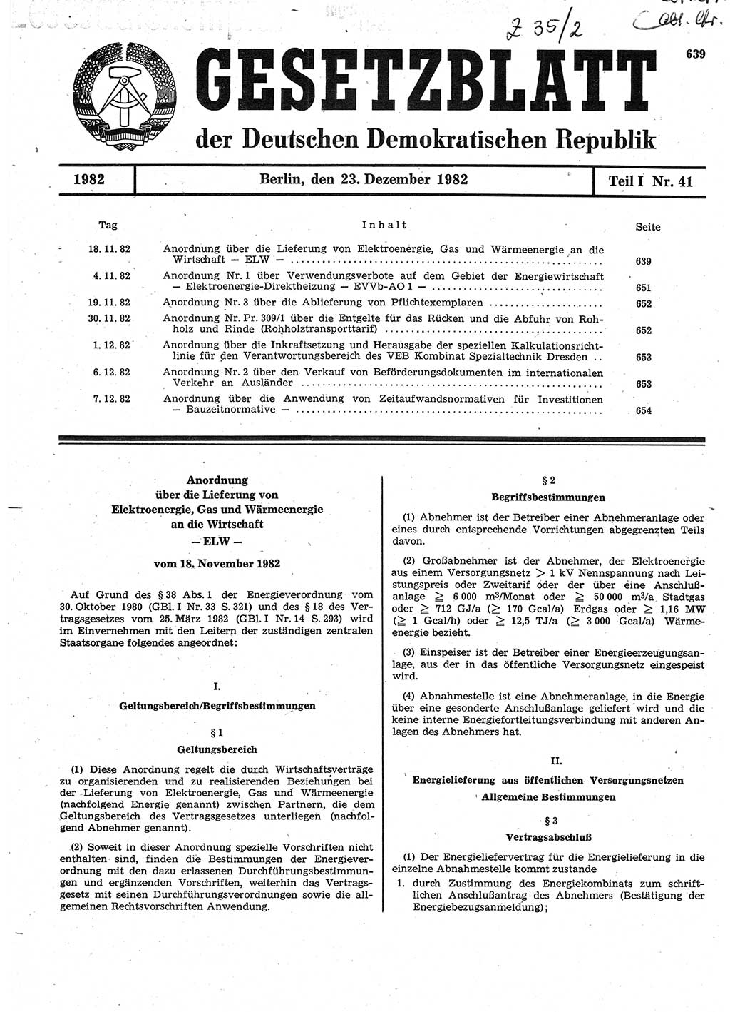 Gesetzblatt (GBl.) der Deutschen Demokratischen Republik (DDR) Teil Ⅰ 1982, Seite 639 (GBl. DDR Ⅰ 1982, S. 639)