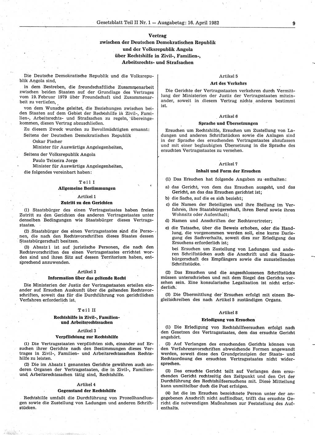 Gesetzblatt (GBl.) der Deutschen Demokratischen Republik (DDR) Teil ⅠⅠ 1982, Seite 9 (GBl. DDR ⅠⅠ 1982, S. 9)