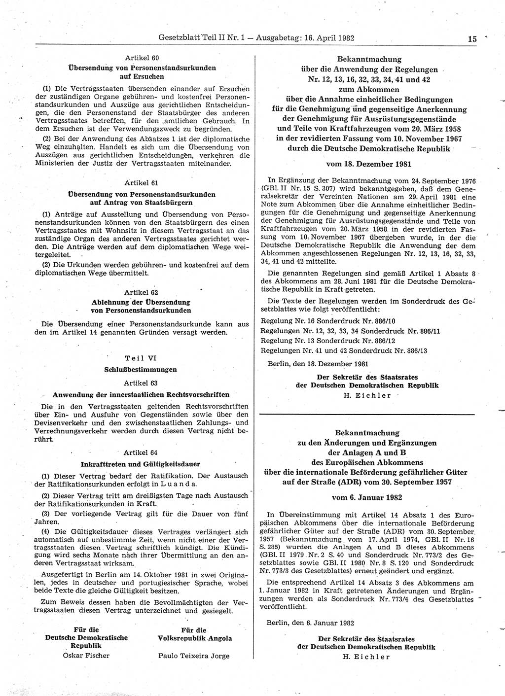 Gesetzblatt (GBl.) der Deutschen Demokratischen Republik (DDR) Teil ⅠⅠ 1982, Seite 15 (GBl. DDR ⅠⅠ 1982, S. 15)